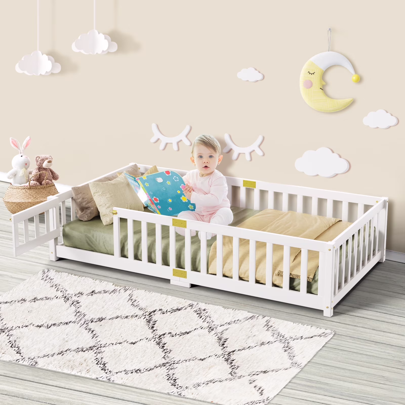 Twin Size Toddler Floor Bed, Solid Wood Montessori Bed Frame with Fence Door Montessori Floor Bed Crib with Safety Guardrails for Girls and Boys(White Twin)