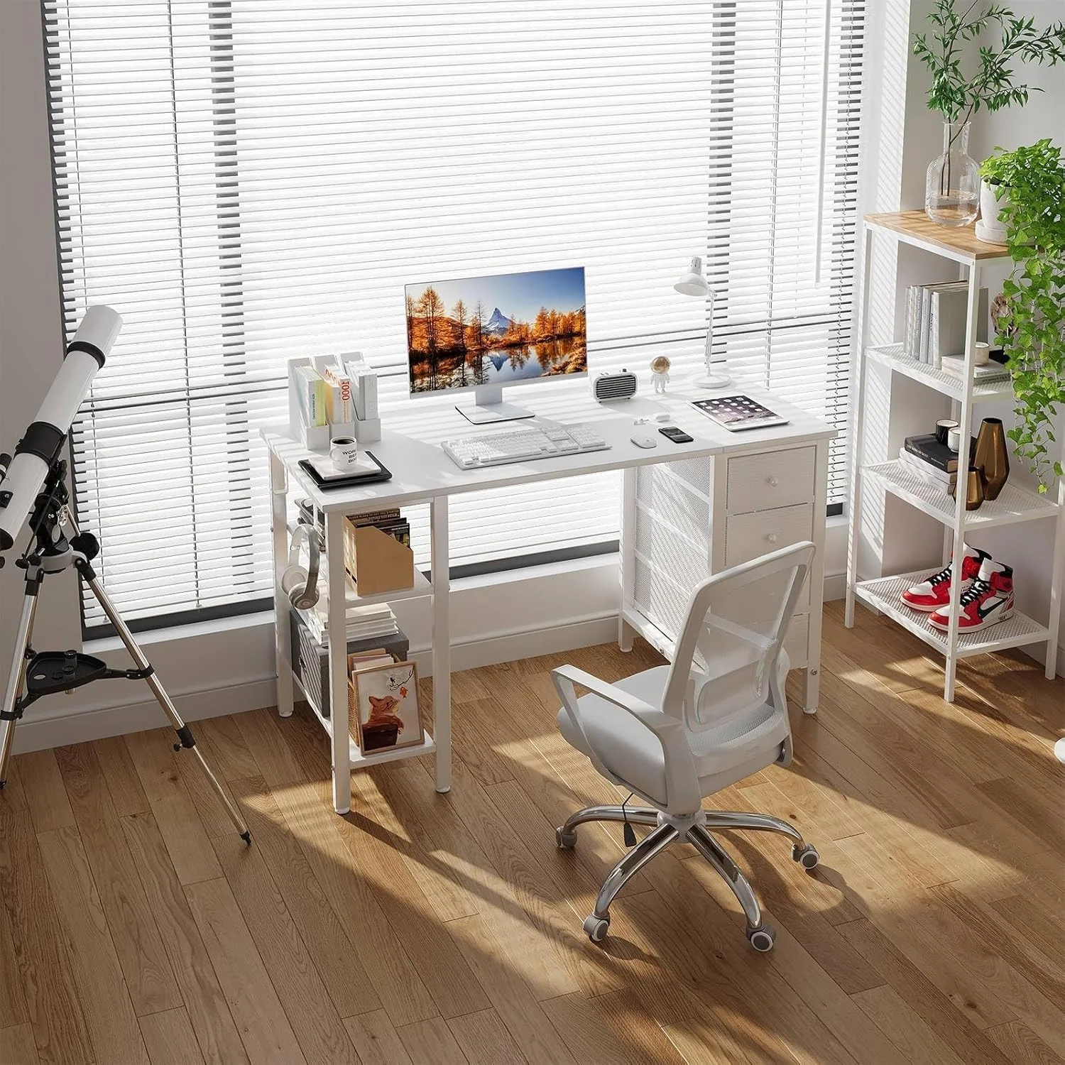 Lufeiya White Desk with Drawers & Storage Shelves, 47 in Study Work Writing Desk for Home Office Bedroom, Simple Modern Cute PC Computer Desks Table, White