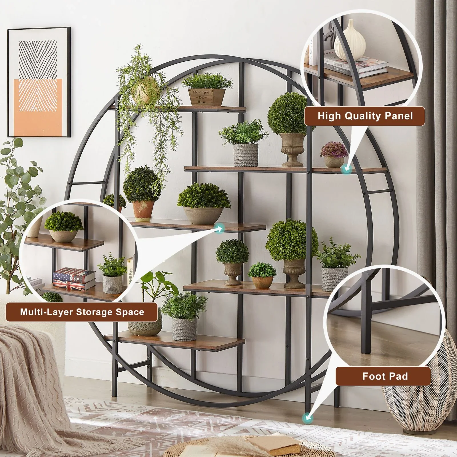 GymChoice Round Bookcase, Industrial Bookshelf Multi-Functional Plant Display Stand with 5 Shelving Units, Circle Retro Display Shelf for Living Room Terrace Garden Balcony, Rustic Brown