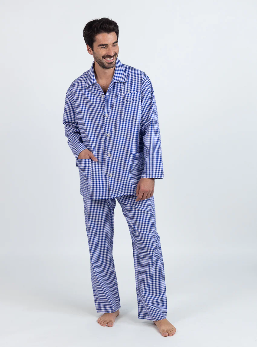 Pyjama homme en coton carreaux bleus