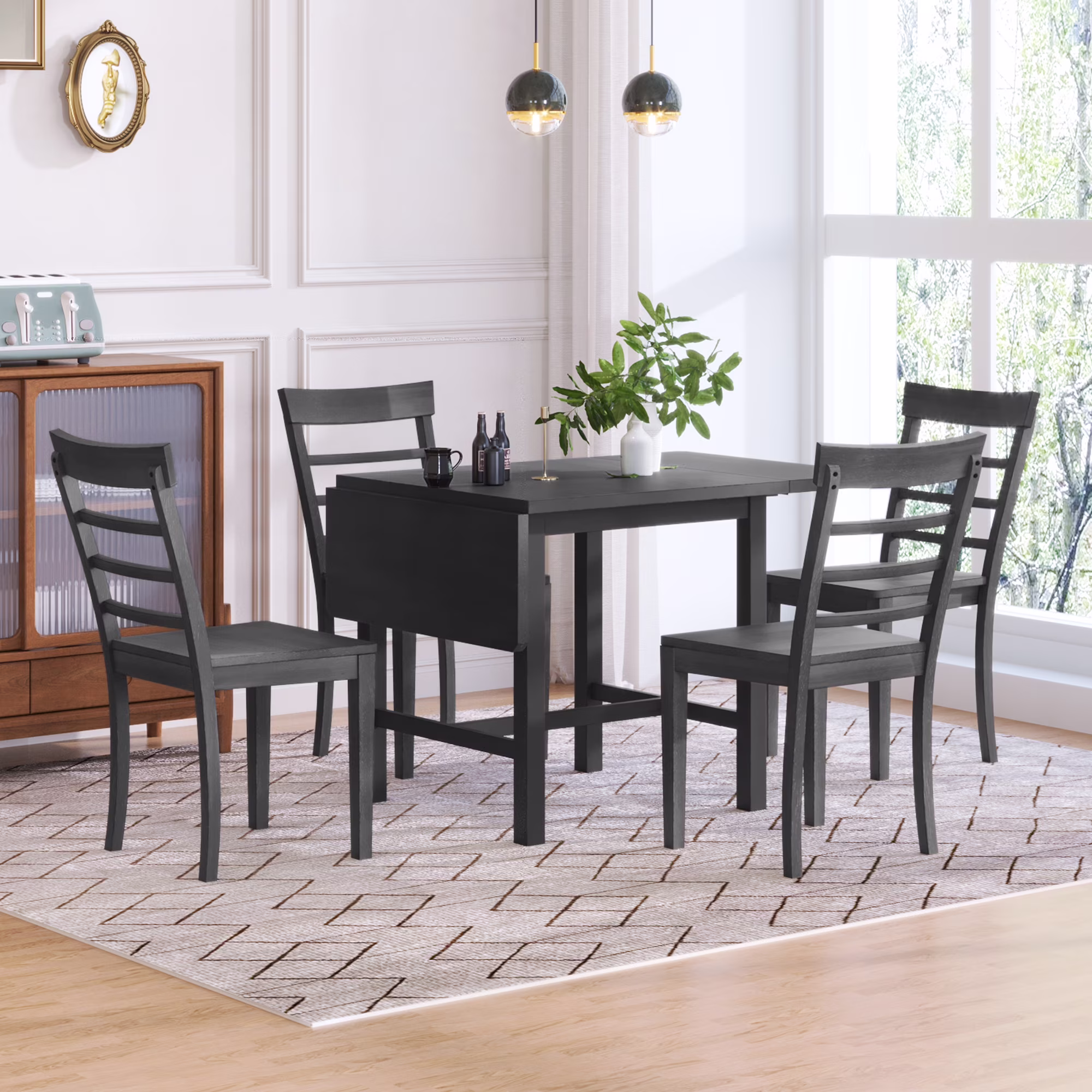 5 Pieces Wooden Round Dining Table and Chair Set with Special-shaped Legs and an Exquisitely Designed Hollow Chair Back for Dining Room(# 3:Gray (Round)) - Image 5
