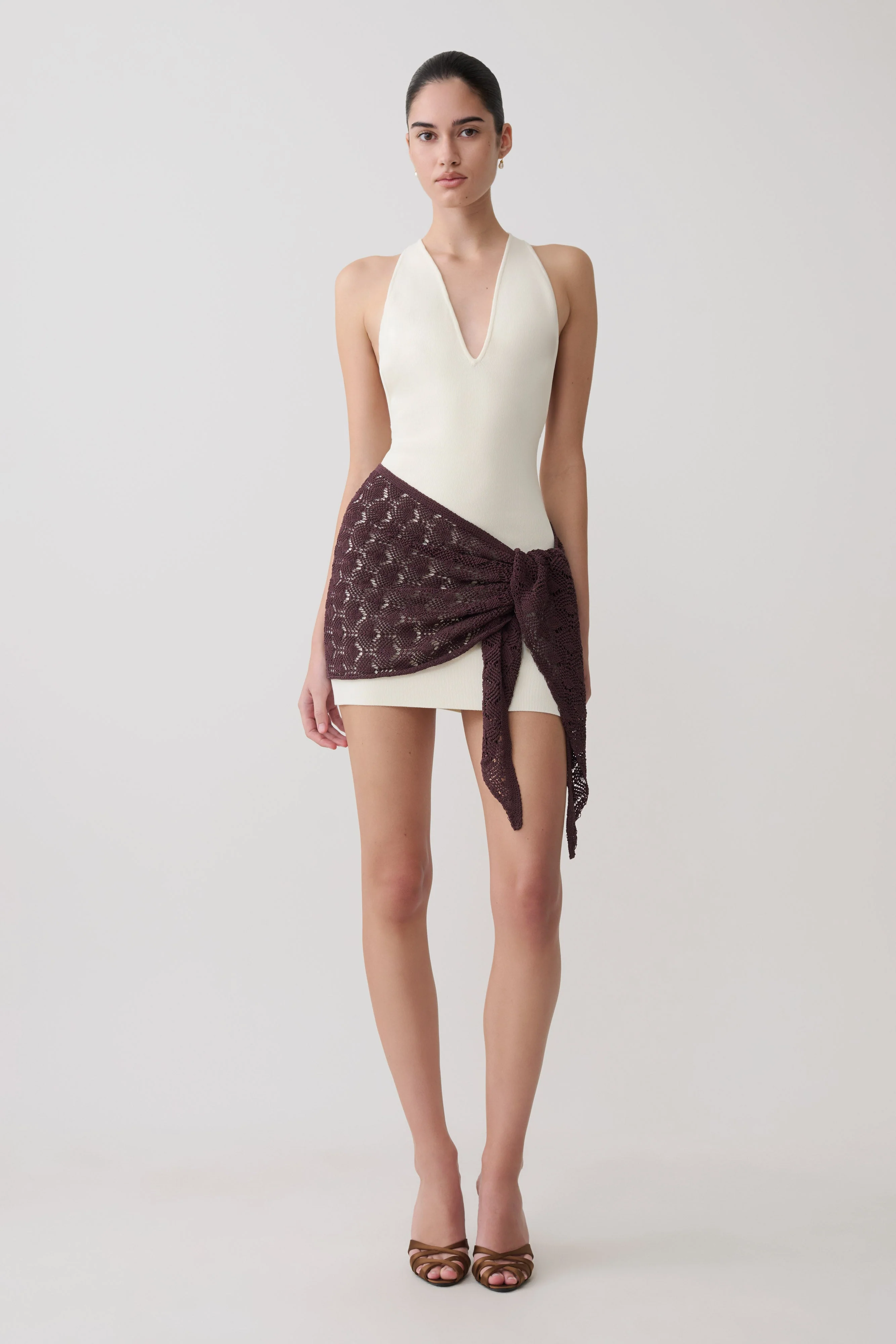Mollie Mini Dress With Crochet Overlay - White/Chocolate