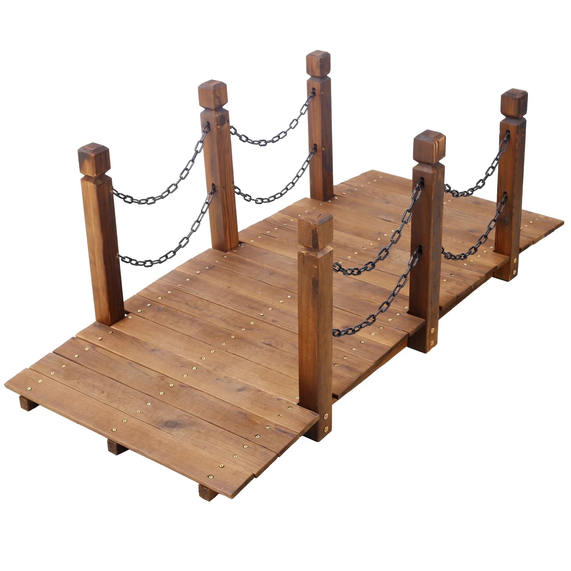 5 FT Wooden Garden Bridge, Stained Brown Arc Design with Chain Railings for Backyard Creek & Pond, 400 LB Weight Capacity, Easy Assembly Landscape Accent