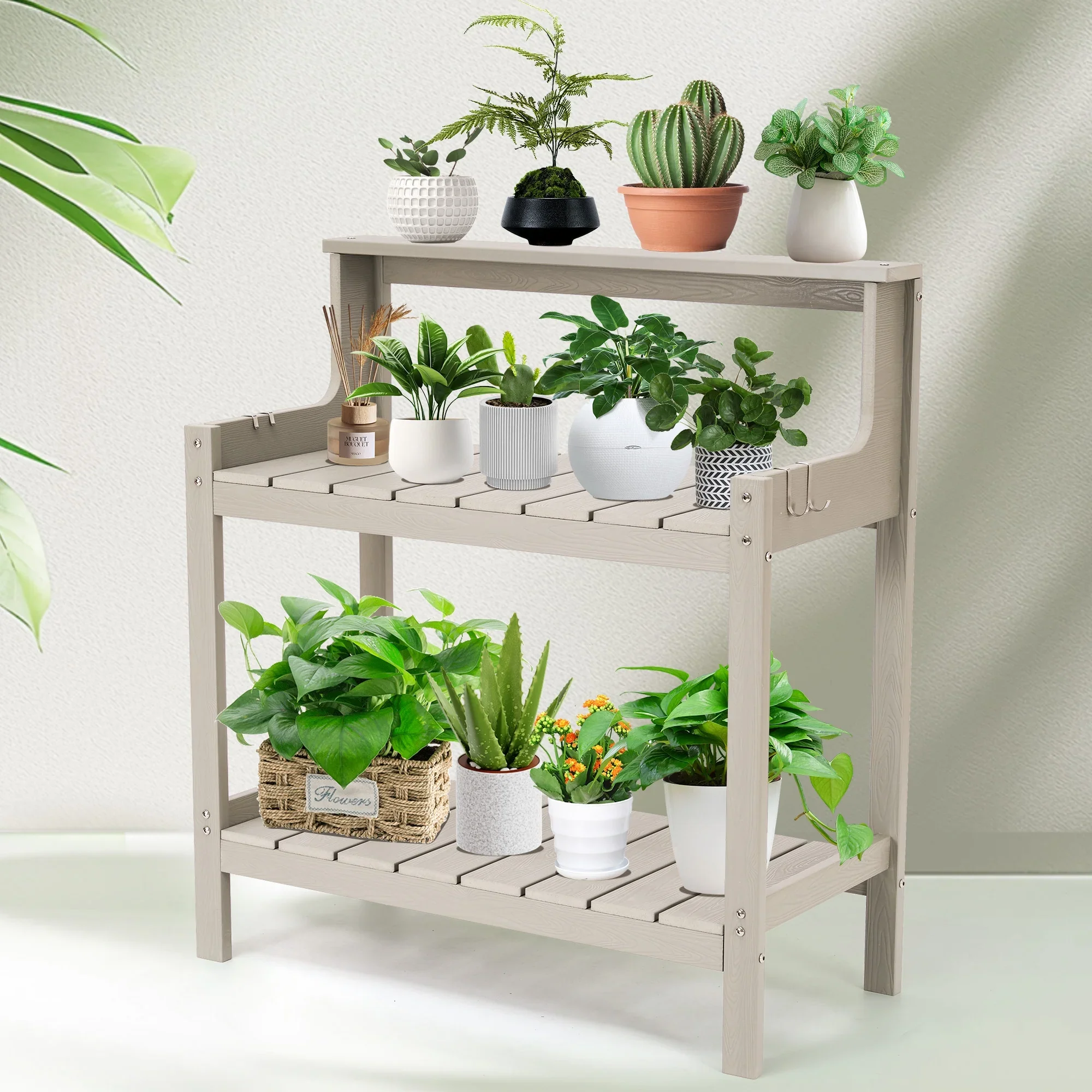 Naipo Potting Bench Table, HDPS Potting Bench with 4 Side Hooks, All-Weather Garden Table Work Station, Outdoor Potting Table for Porch, No Rust, No Fade, No Break, 360lbs Capacity