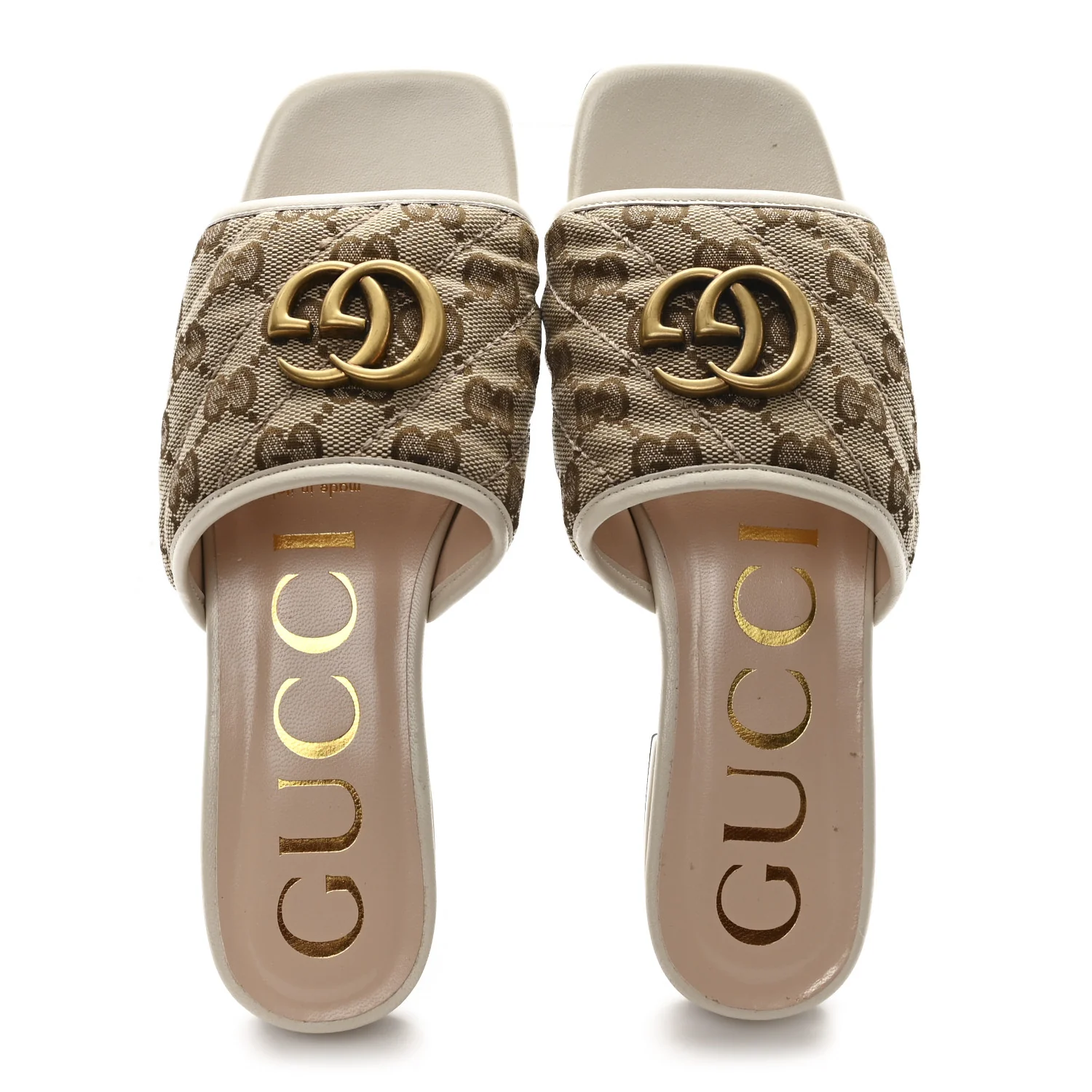 Monogram Matelasse Diagonal GG Marmont Flat Slide Sandals  35 Beige Ebony Mystic White