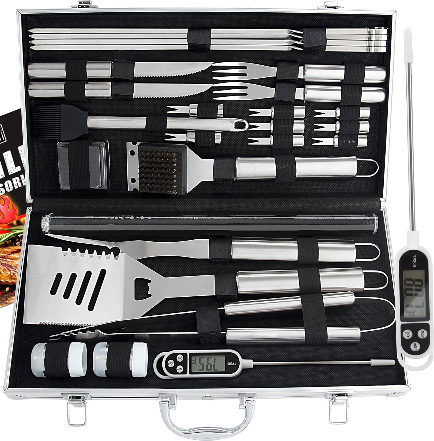 ROMANTICIST 28pcs BBQ Accessories Set with Thermometer - The Very Best Grill Gift for Birthdays and Weddings - Heavy Duty Stainless Steel Grill Set in Case for Outdoor Cooking, Camping, Grilling, Smoking