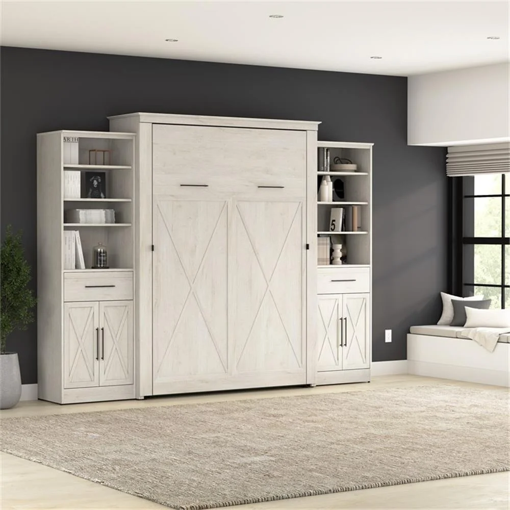 Pemberly Row Queen Murphy Bed and Wardrobes (119W) - Engineered Wood in White