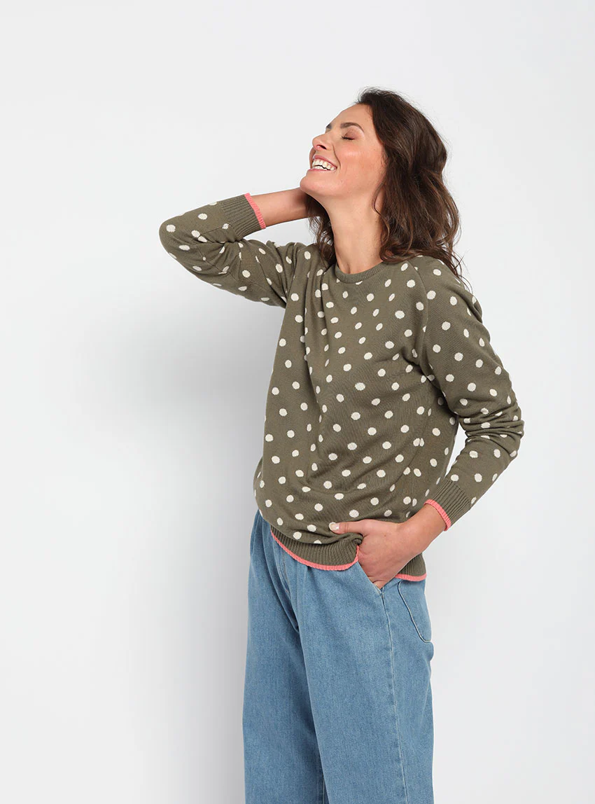 Pull femme à pois en coton vert kaki