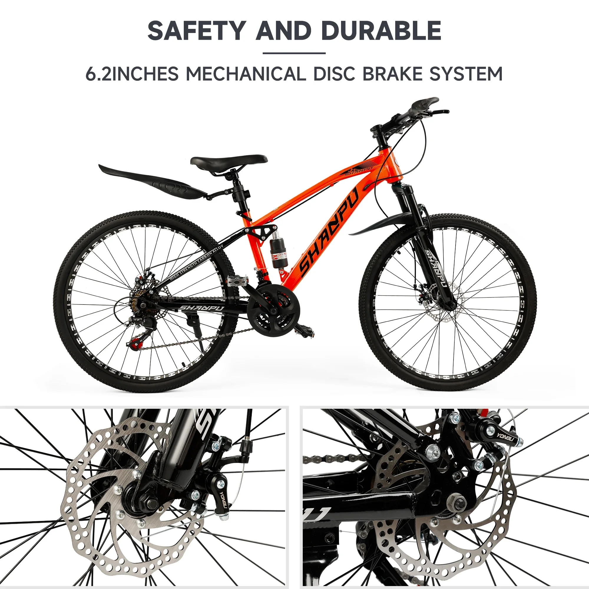 ARTUDATECH 26 Inch Wheel Full Suspension Mens Mountain Bike, Shimano 21 Speed,  Dual Disc Brake Bike for Men Womens Adult Bicycle With Bike Lock And Air Pump, orange