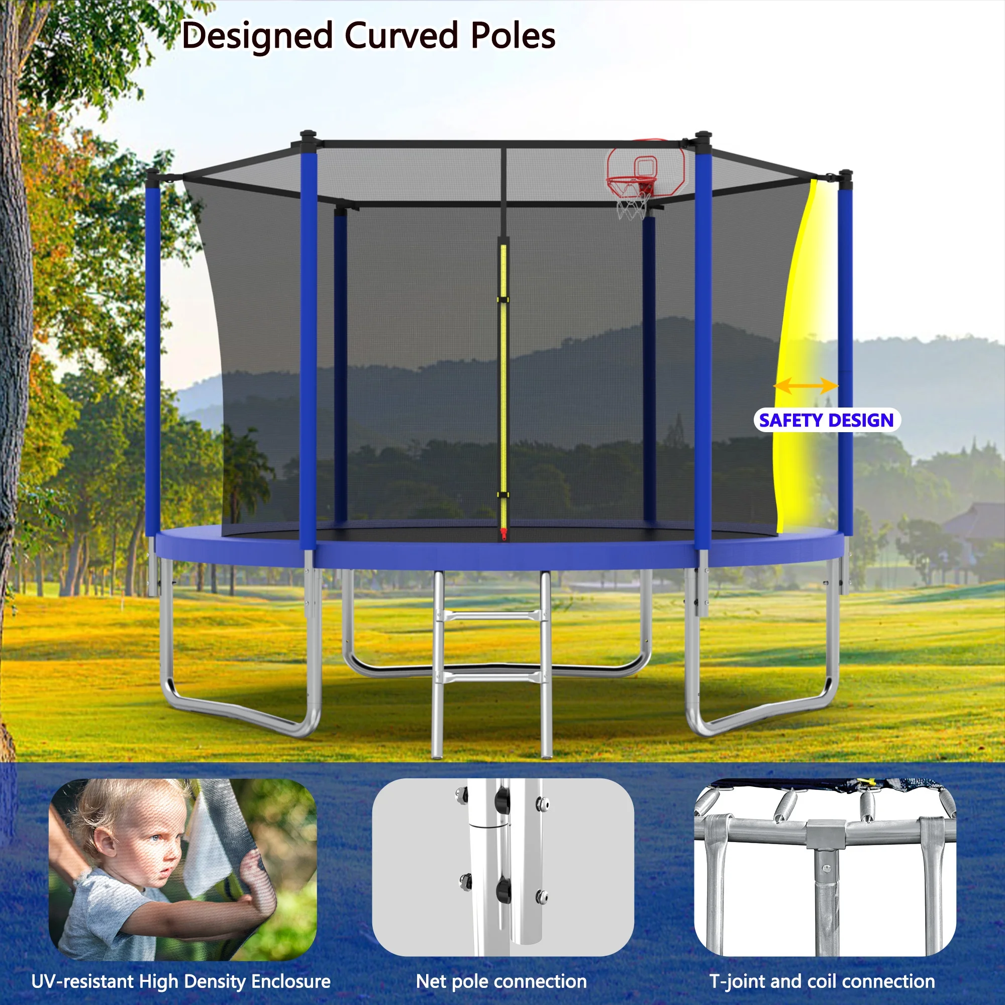 8FT Trampoline for Kids,Outdoor Trampoline with Basketball Hoop,Heavy Duty Trampoline with Safety Enclosure Net,Blue(Blue) Image 6