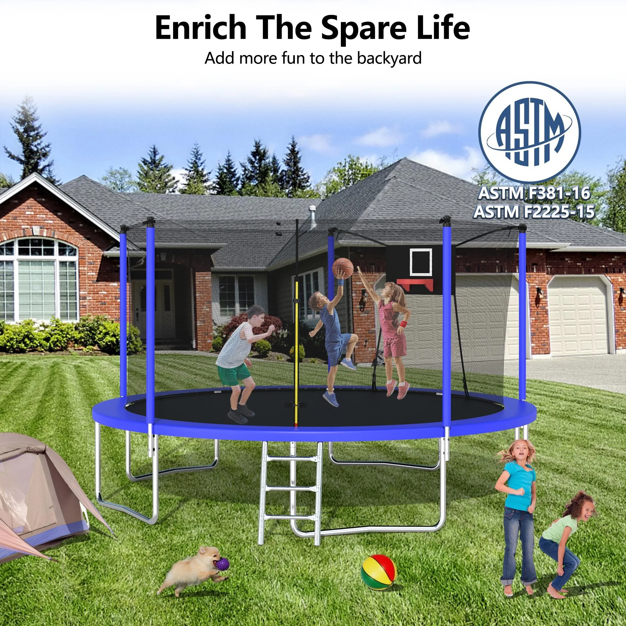 14FT Trampoline, 1320LBS Kids Trampoline with Basketball Hoop, Outdoor Adult Trampoline w/Enclosure Net Heavy-duty Supports(14FT-Blue) - Image 2