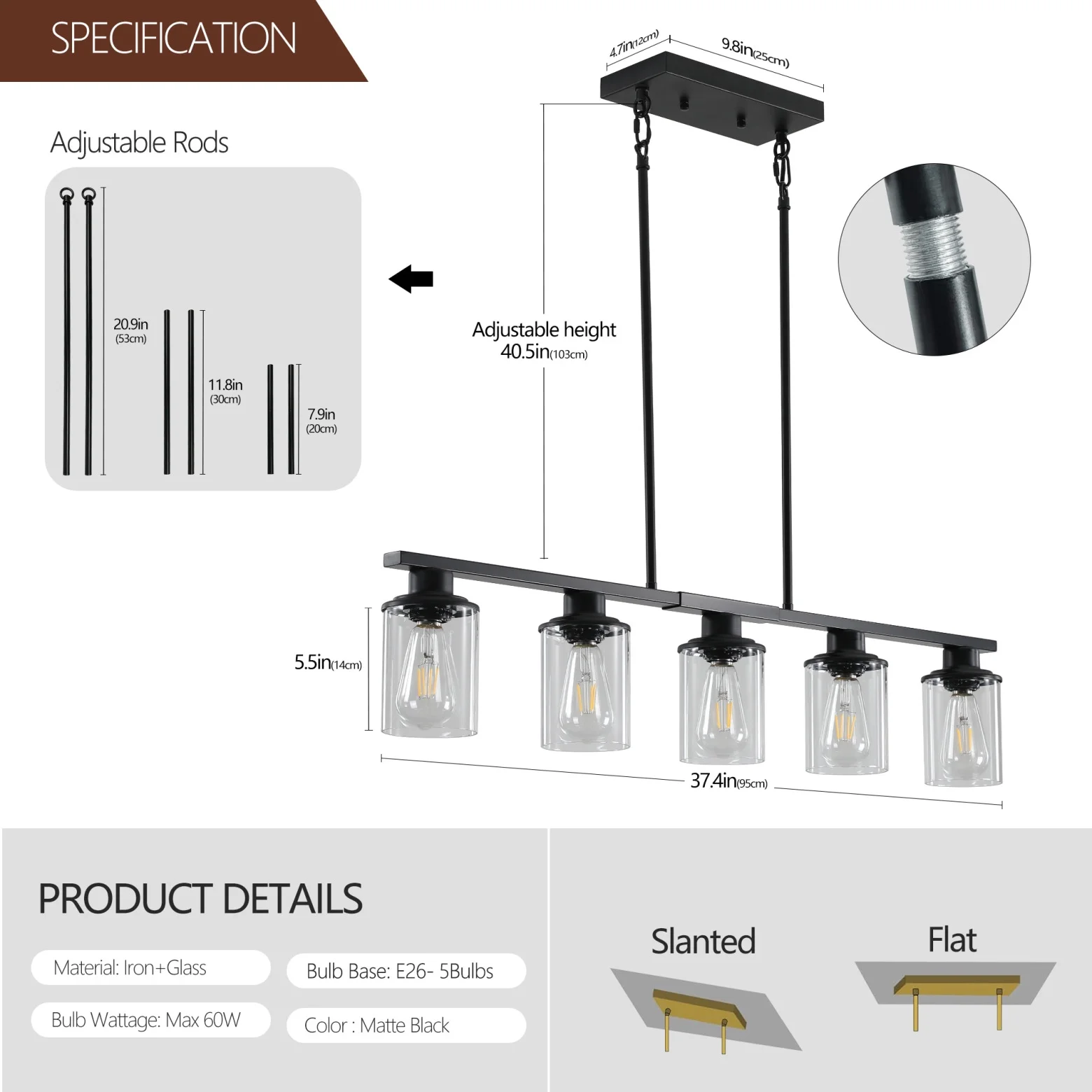 5-Light Kitchen Island Pendant Light, Farmhouse Industrial Chandeliers with Two Metal Rod Supports, Rectangular Island Lights for Kitchen, Living Room, Walnut/Black