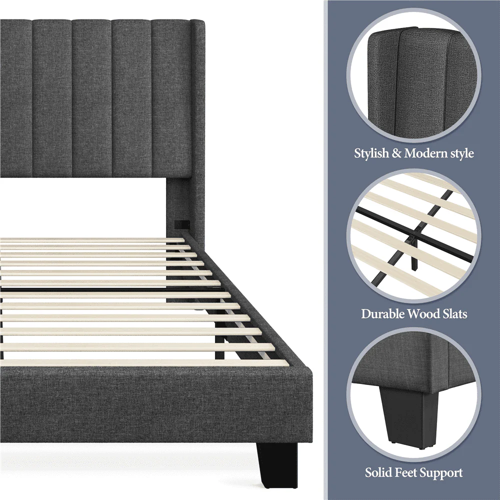 Yaheetech Upholstered Wingback Bed with Support and Mattress Foundation, Queen, Dark Gray(Full/with headboard)