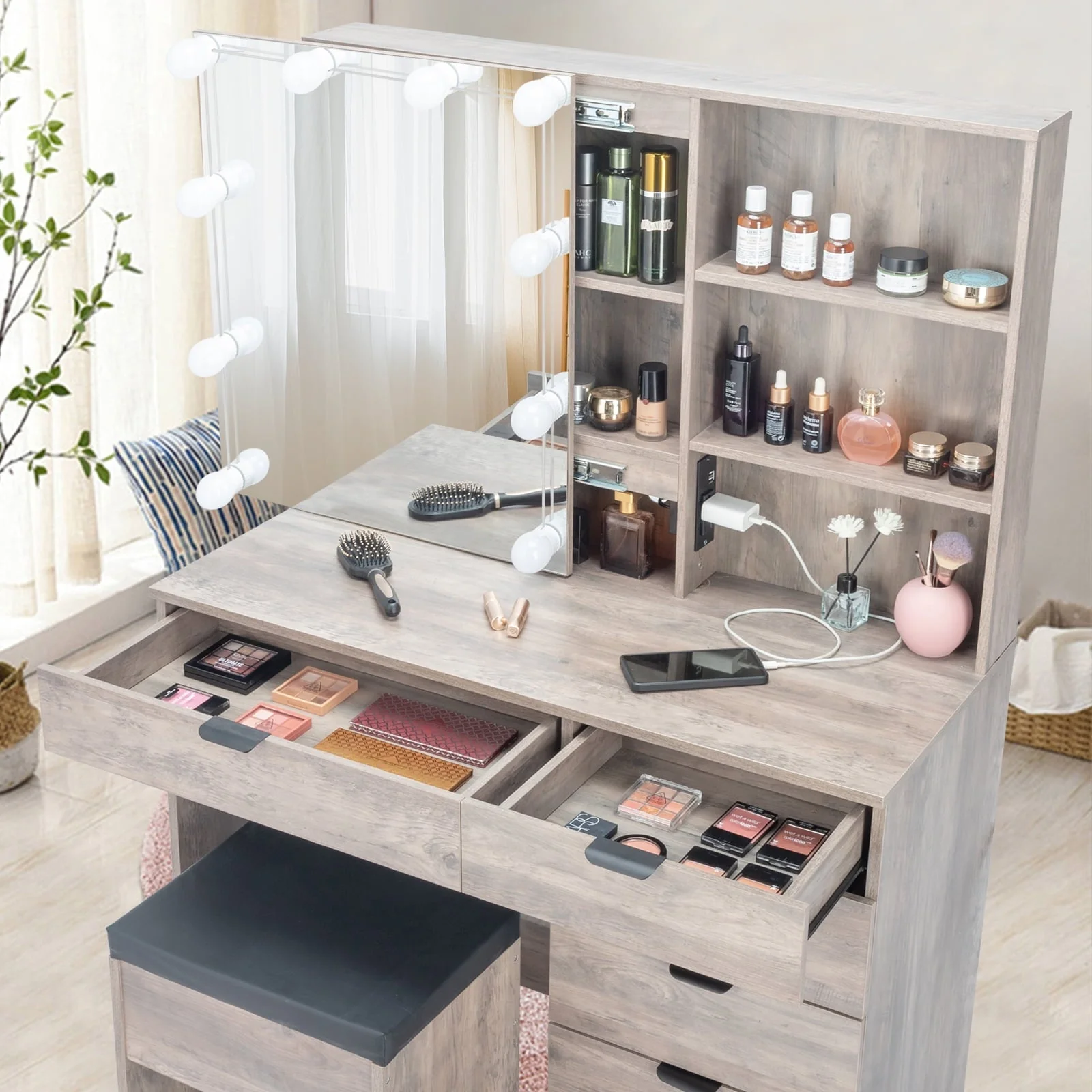 Ktaxon Vanity Table Set with USB Charging Stationfor Bedroom Makeup Dressing Table with Sliding Mirror,3 Color Light
