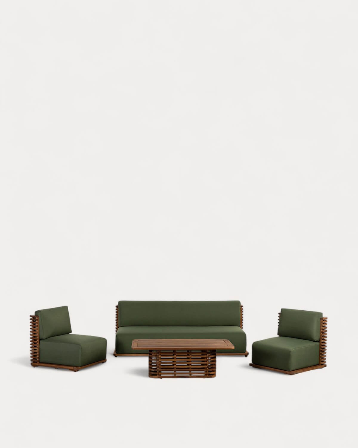Hazan - Set de Jardín con Sofá 3 Plazas, 2 Sillones y Mesa de Centro de Madera de Acacia y Tela Hazan