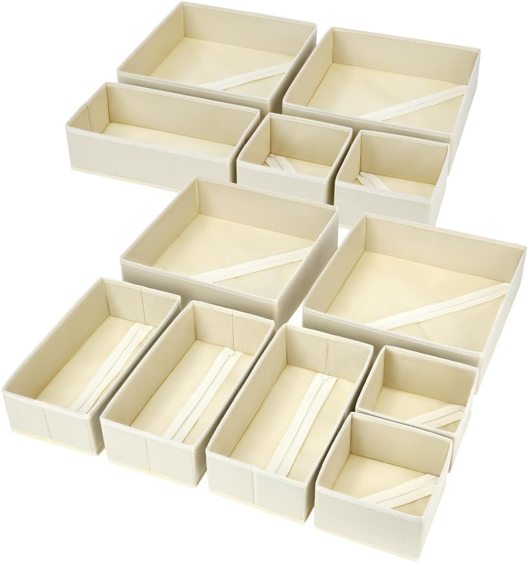 DIMJ Drawer Organizer for Clothes, 12 Pack Dresser Organizer, Foldable Closet Organizers and Storage, Fabric Dresser Bins, Drawer Dividers for Nursery, Baby Clothes, Underwear, Socks (Beige)