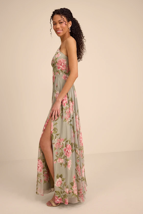 Romantic Marvel Sage Floral Print Halter Neck Maxi Dress