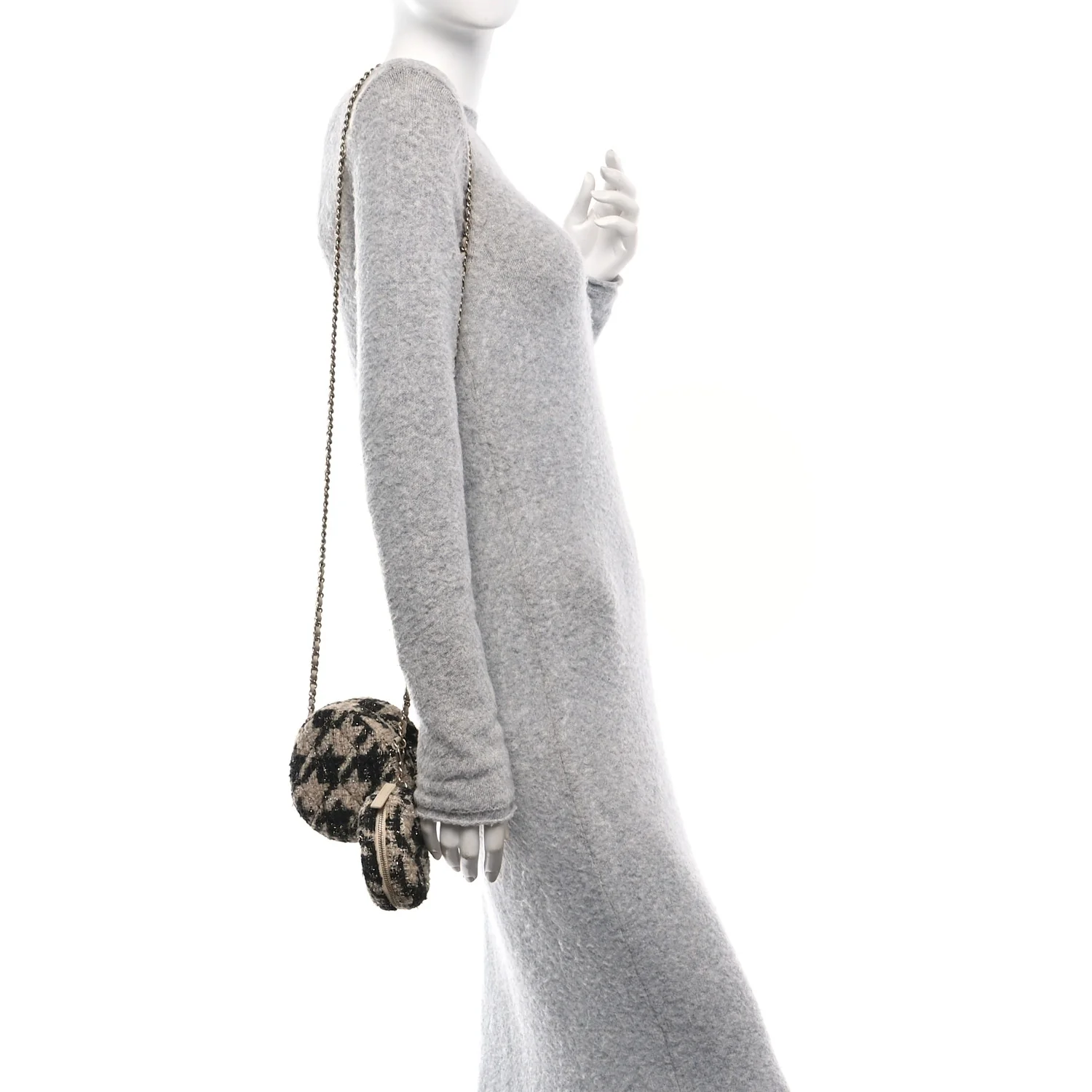 Tweed Shearling Round Clutch With Chain and Coin Purse Beige Black
