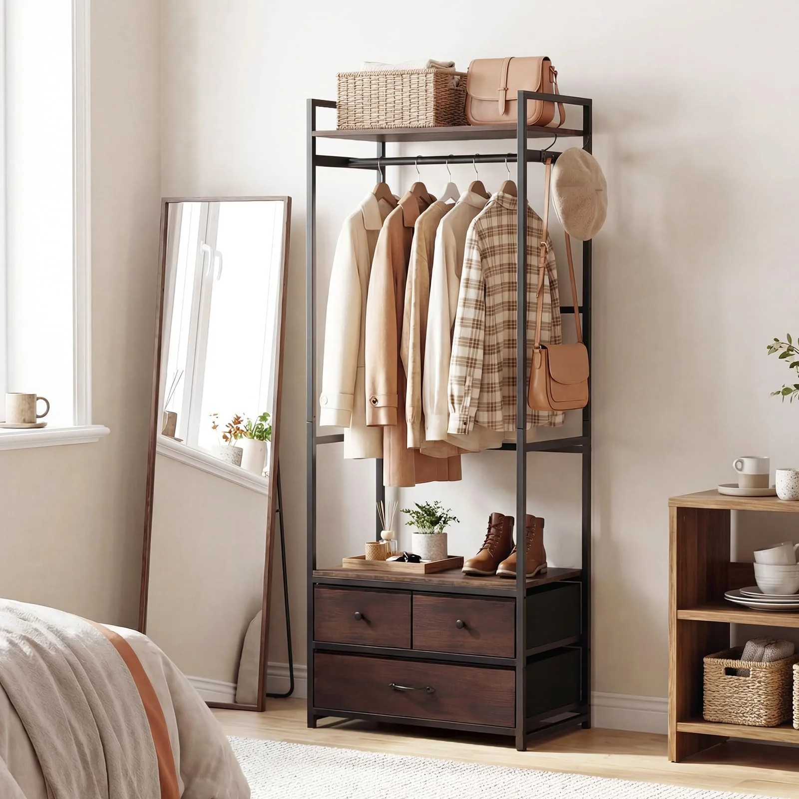 Tangkula Freestanding Small Clothes Rack | Heavy Duty Coat Rack with Drawers