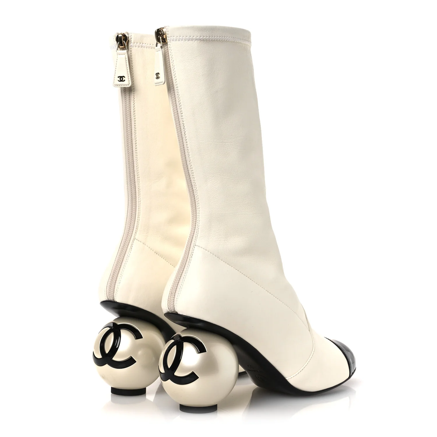 Stretch Lambskin Patent Cap Toe Pearl Ball Mid Calf Boots 39 White Black