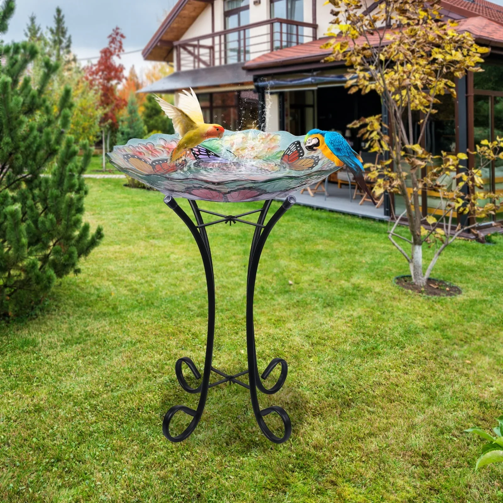 Glass Birdbath with Metal Stand Outdoor for Lawn Yard Garden Butterfly Decor, 18�?Dia 21.65�?Height