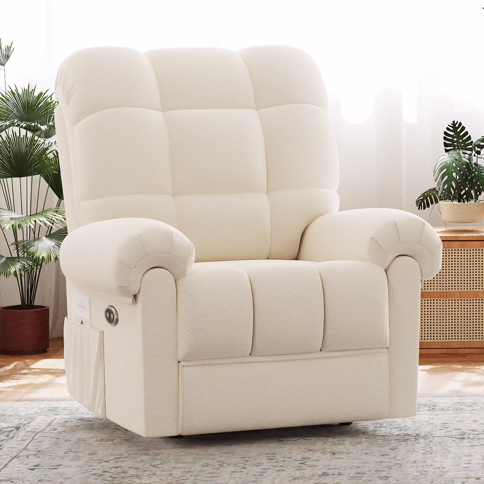 Power Recliner Chair,Electric Recline Sofa Chair for Adults with USB Port,Comfy Teddy Fleece Adjustable Cloud Sofa,Tool-Free Setup,Beige White(Off White)