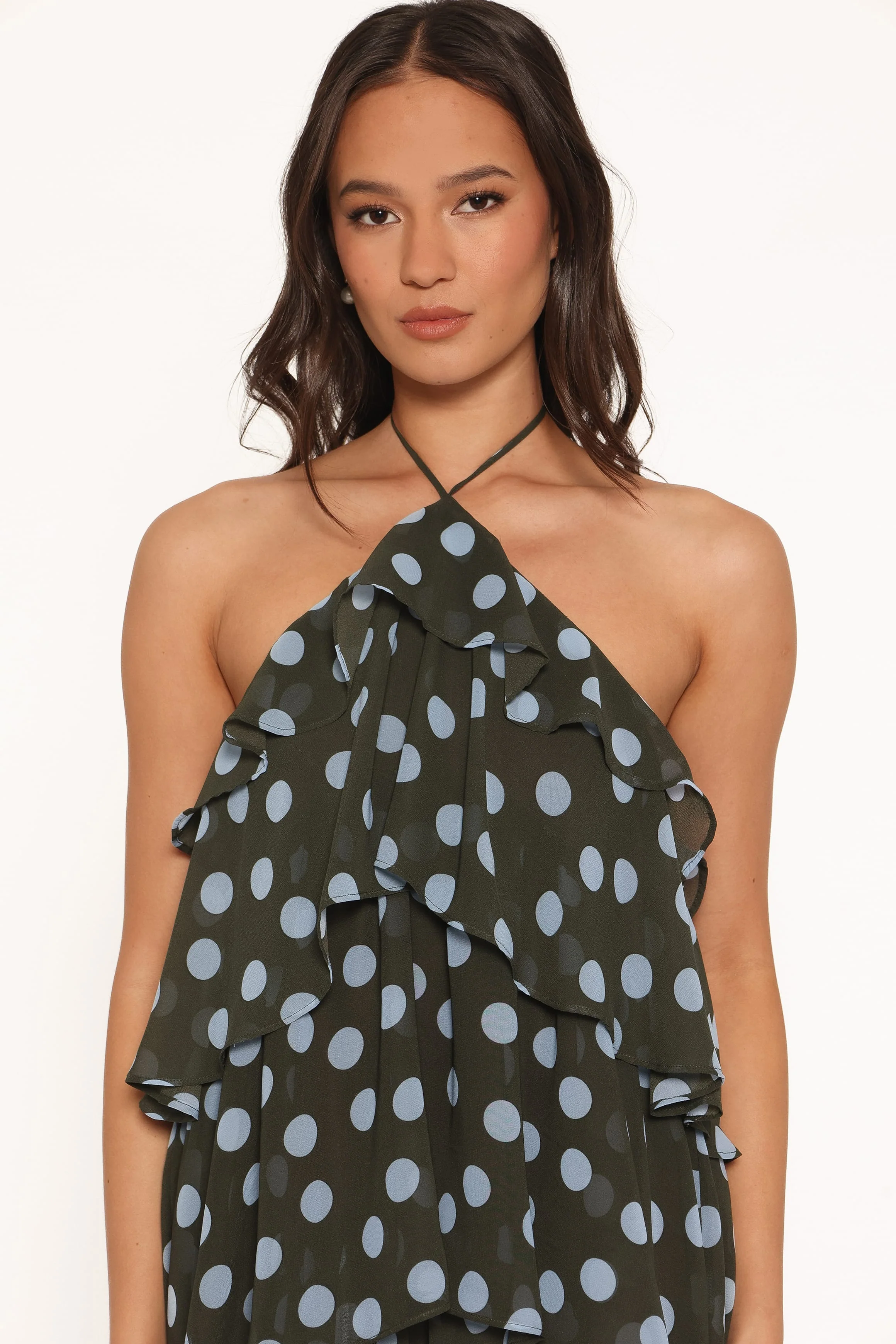 Chasity Halterneck Maxi Dress - Olive Polka Dot