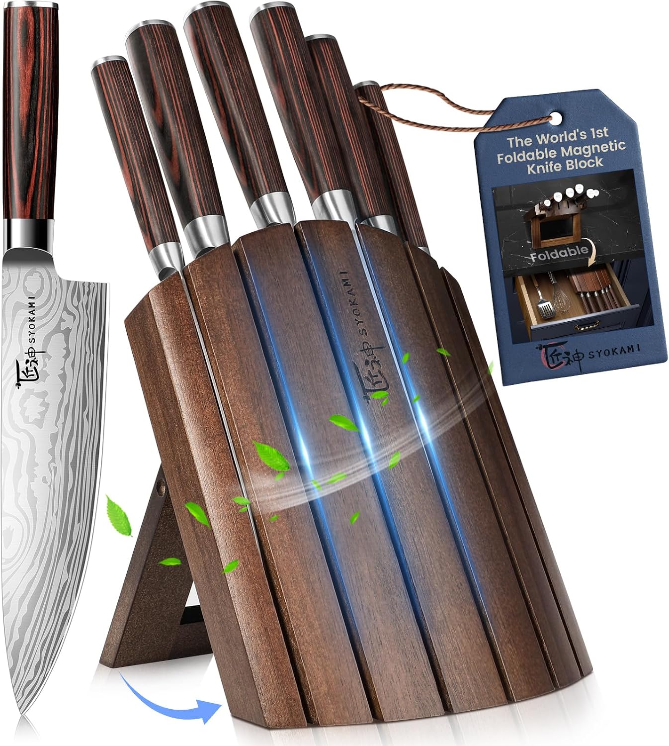 SYOKAMI 2026 Upgrade Kitchen Knife Set, Foldable Magnetic Acacia Wood Block