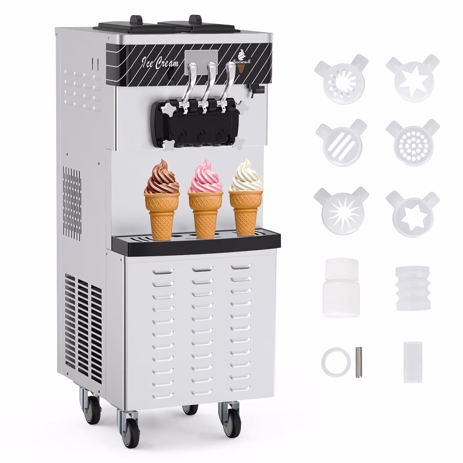 Commercial Ice Cream Machine 3-Flavor Floor Soft Serve Yogurt Maker 5.8-8Gal/H Yield With 2*7L Hoppers 2*1.8L Cylinders