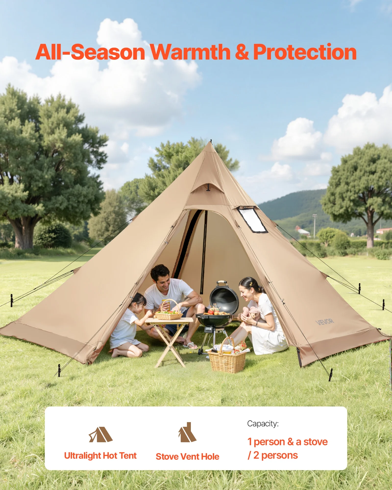 VEVOR Hot Tent for 4 Persons, Portable Winter Tipi Tent with Stove Jack, Waterproof Canvas Camping Tents, Lightweight 4 Season Shelter Tents for Hiking Fishing Backpacking, M Size