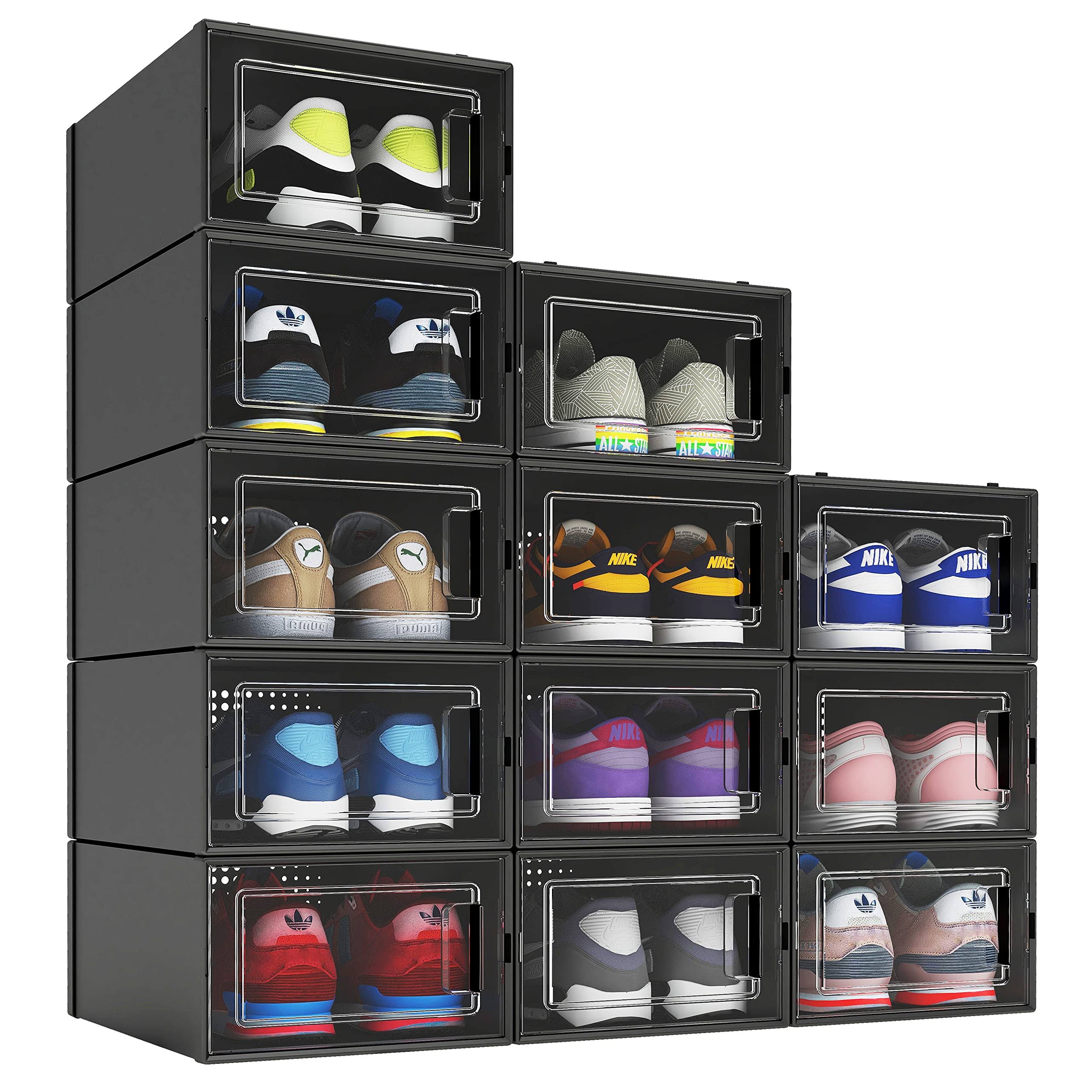 MELDEVO 12 Pack Shoe Organizer Boxes, Black Plastic Stackable Shoe Storage Bins for Closet, Space Saving Shoe Holder Sneaker Display Case for Medium