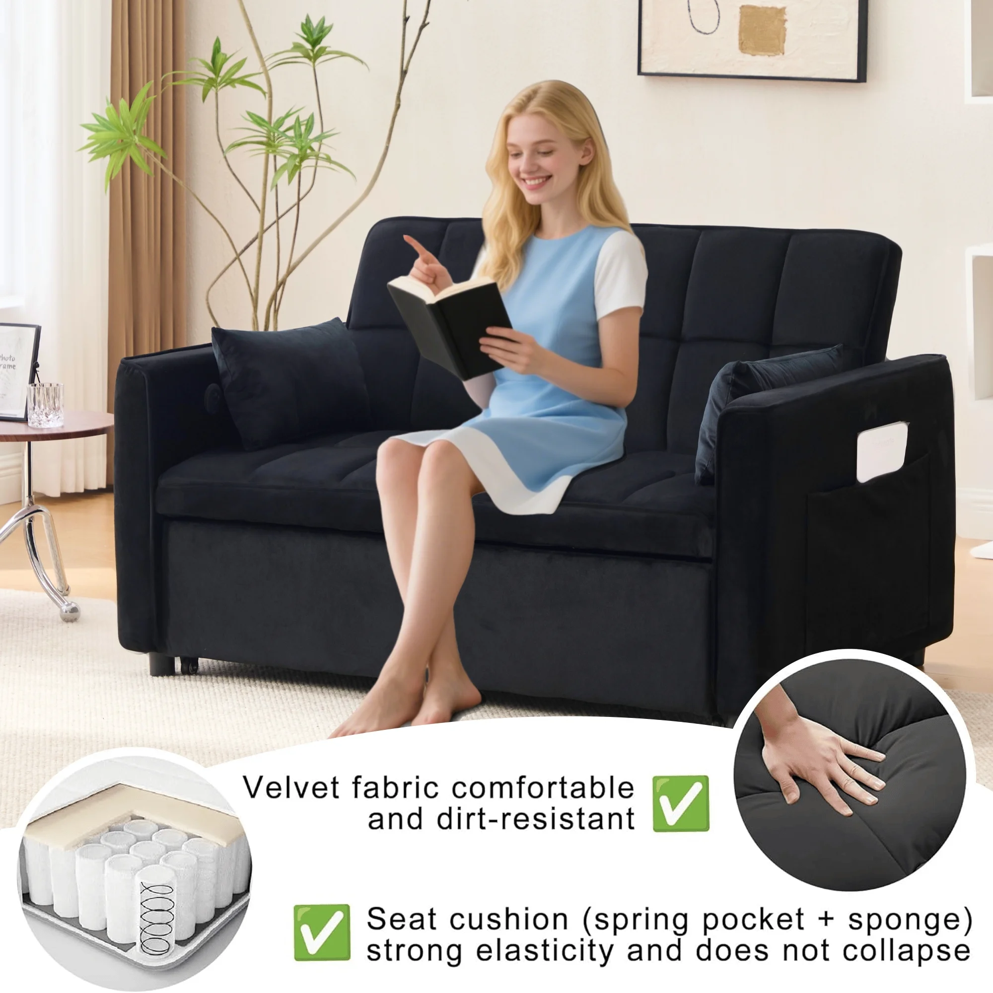 3-in-1 Convertible Sofa Bed �C USB Charging, Adjustable Backrest Pull-Out Couch Loveseat Sleeper for Living Room, Apartment Small Space,Black(Black-USB Charging Port) - Image 5