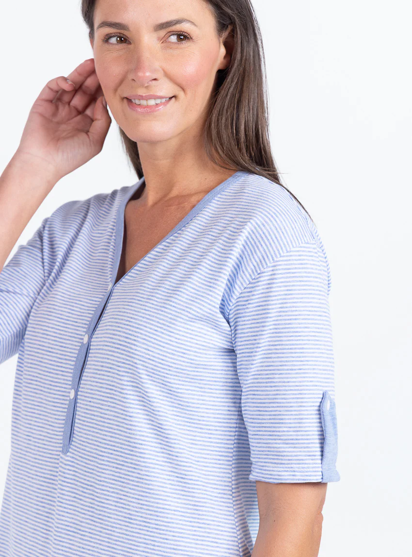 Chemise de nuit femme en coton rayé bleu