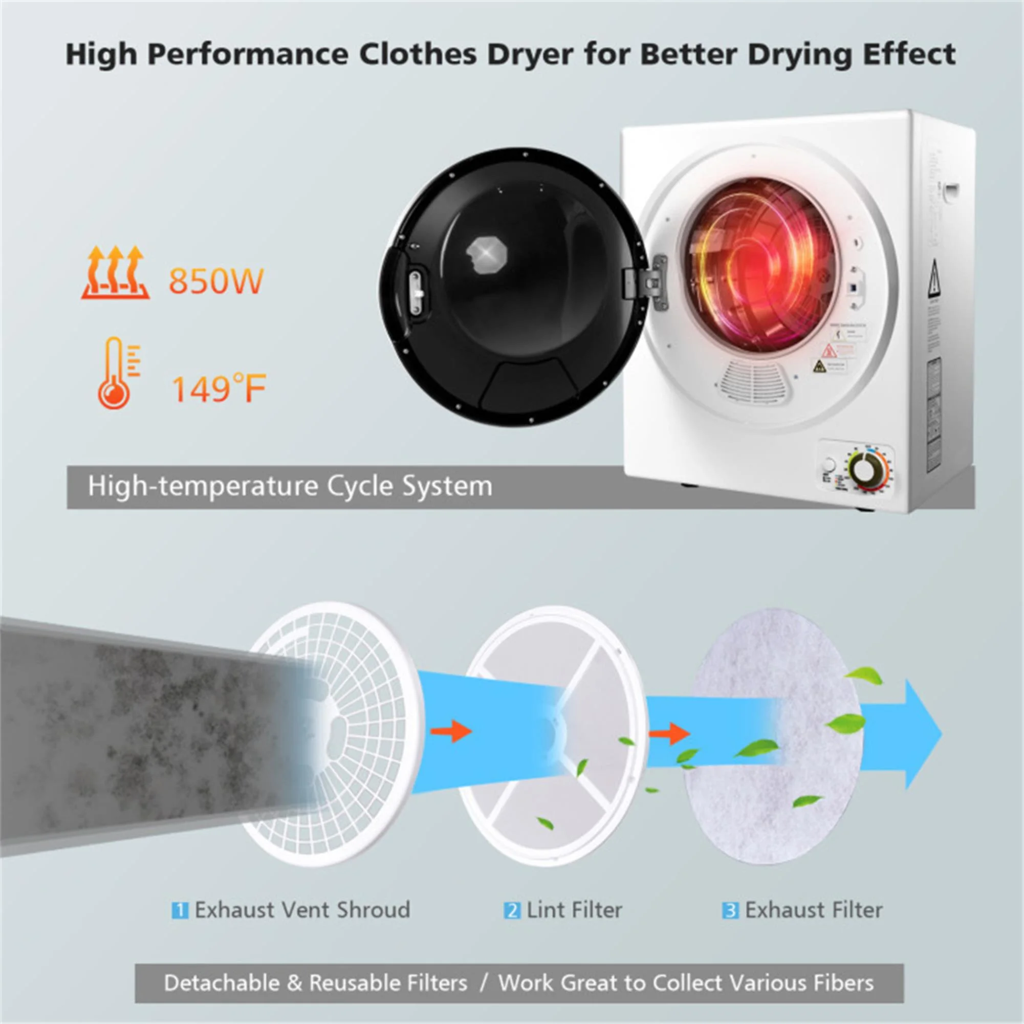 850W Compact Portable Clothes Dryer 10 lbs Wet Capacity, 5.5 lbs Dry Load, Quiet Design ( - Image 6