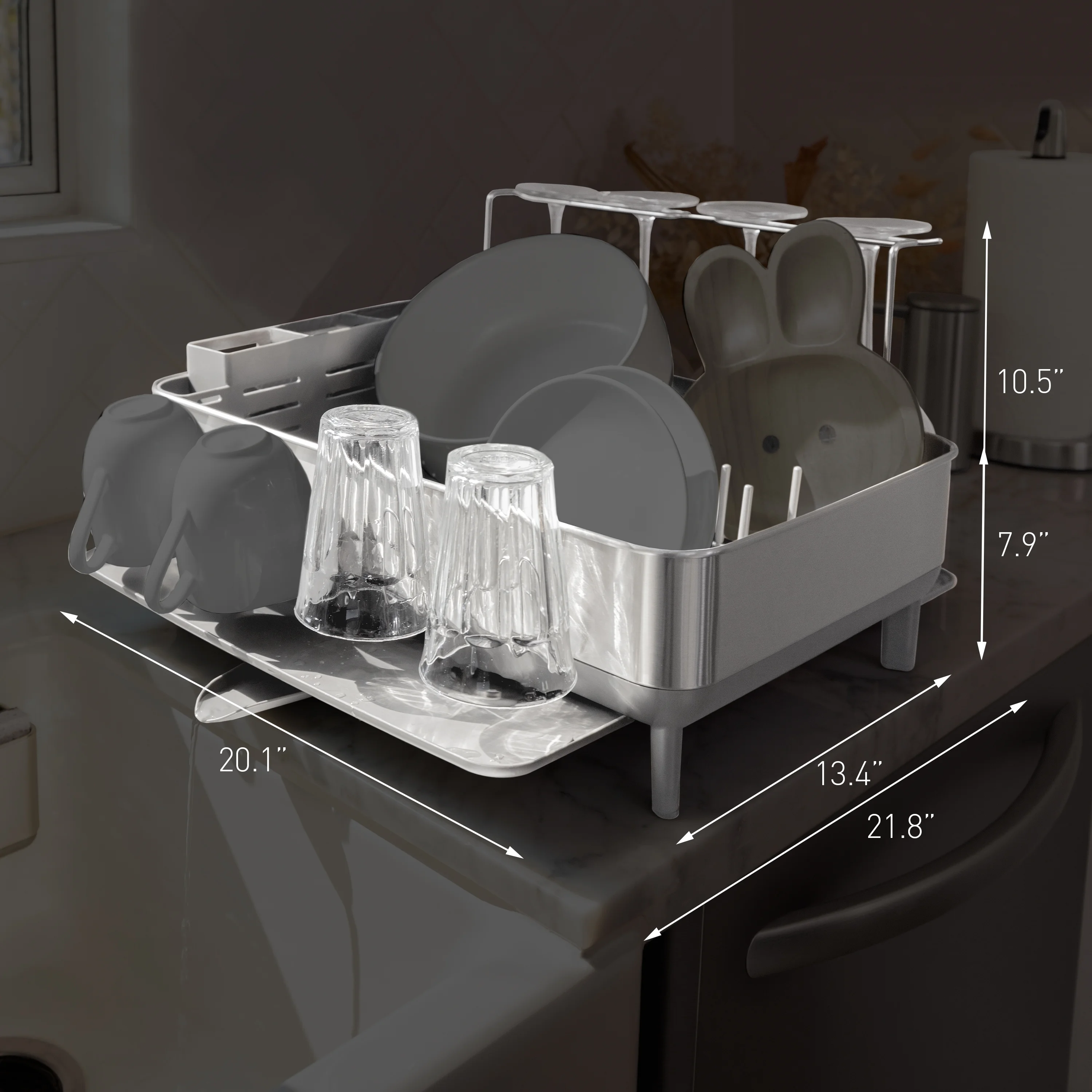 Simplehuman Kitchen Dish Drying Rack, Fingerprint - Proof Stainless Steel Frame, Grey Plastic