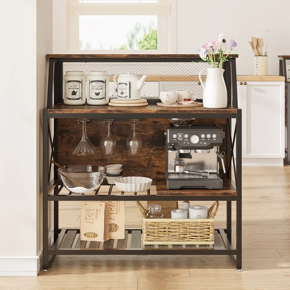 Bestier 3 Tier Liquor Bar Table Wine Bar Cabinet Coffee Station for Kitchen Rustic(Gray)