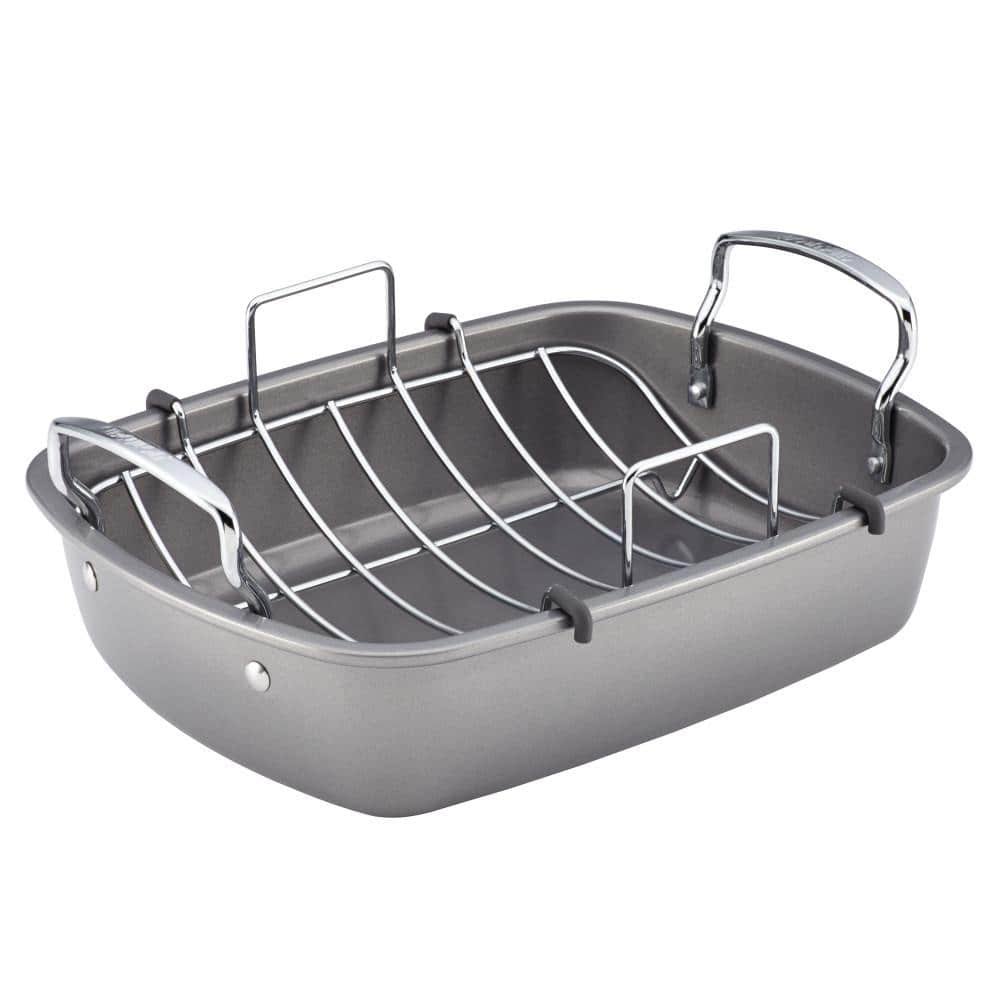 Circulon 17 in. x 13 in. Nonstick Bakeware Roaster with U-Rack, Gray