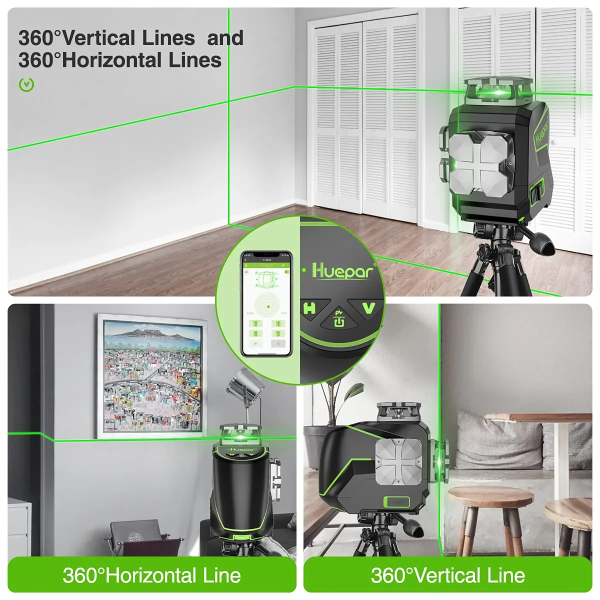4D 16 Lines Self-Leveling Laser Level, 200Ft Green Beam 4 x 360° Cross Line Laser Level Tools with LCD Screen, Bluetooth and Magnetic Bracket