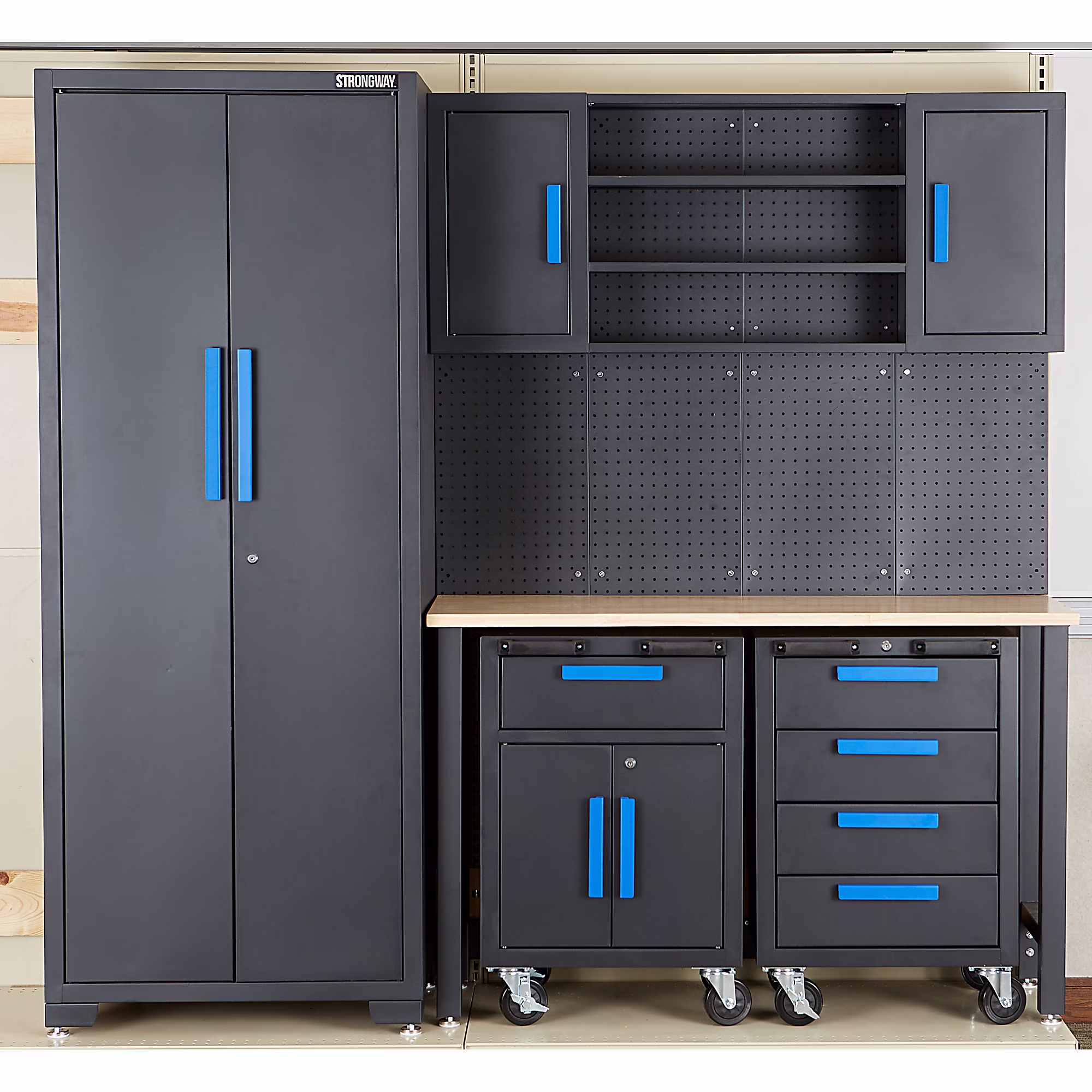 Strongway 6 - Pc. Steel Garage Storage System with Drawers, Pegboard, Shelves, Tabletop, 2 Rolling Cabinets, 81.5in. x 75.7in
