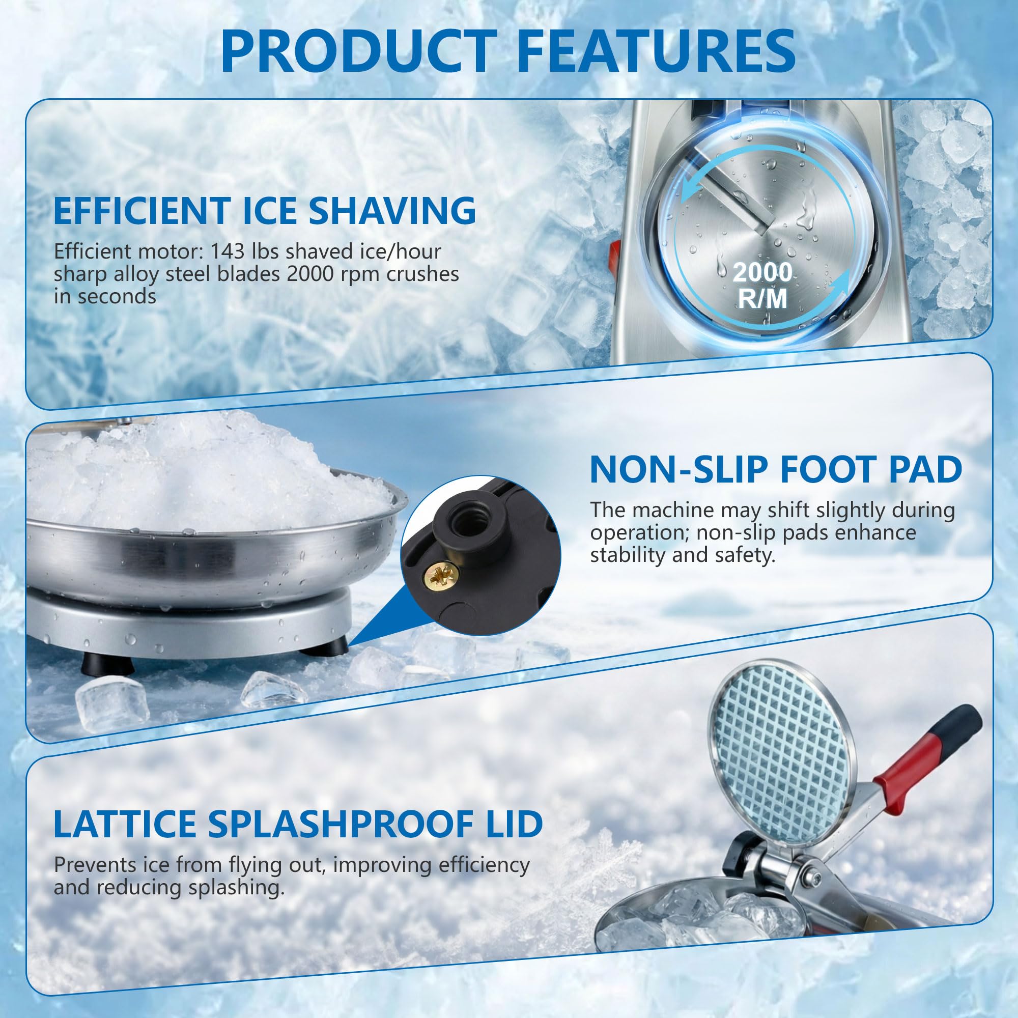 Electric Ice Crusher, Shaved Ice Snow Cone Machine, Silver | 300W 2000r/min Stainless Steel Blade