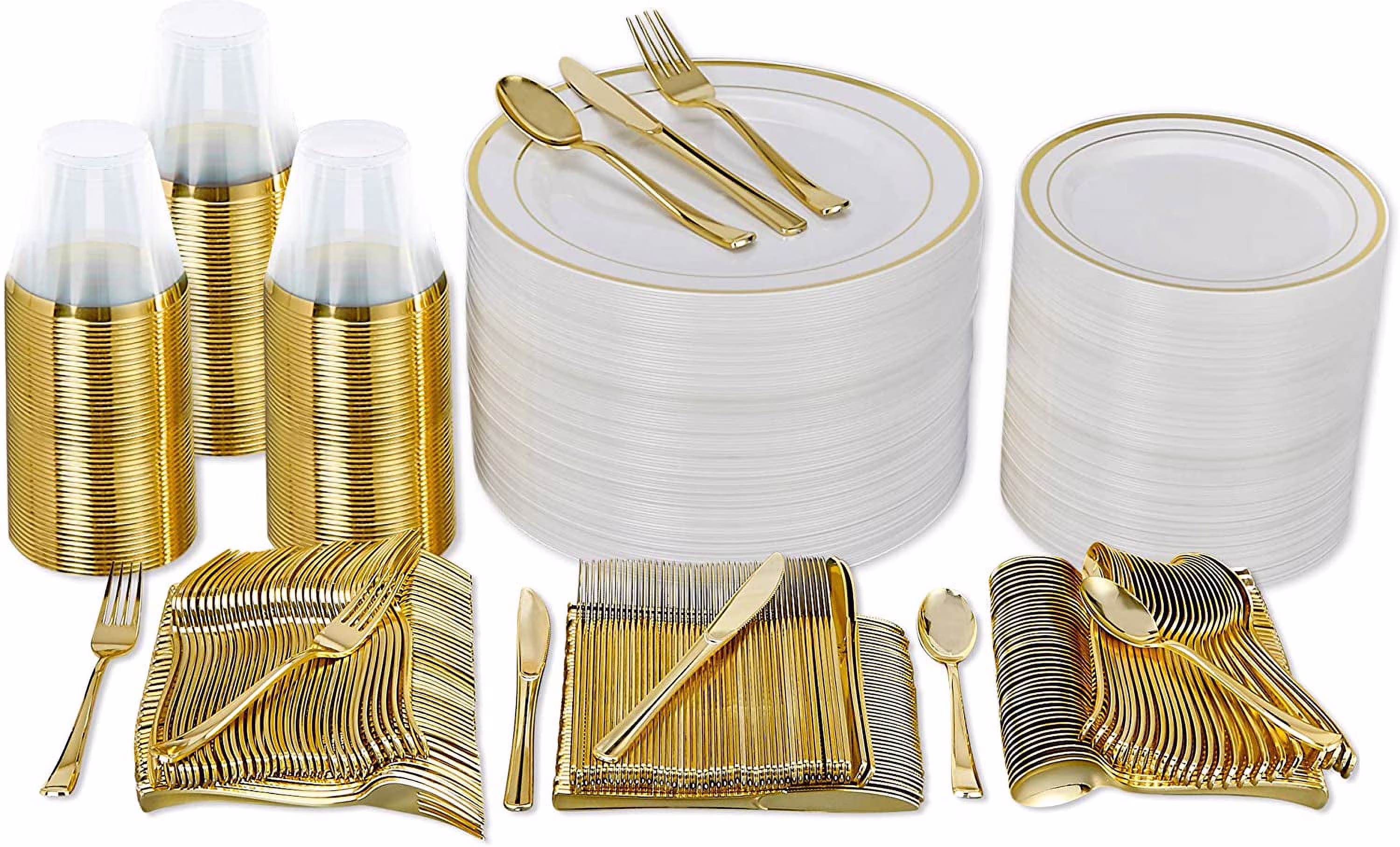 Prestee 600 Piece Gold Dinnerware Party Set (100 Guest), 100 Salad Gold Plates, 100 Gold Plastic Silverware Set, 100 Gold Cups Disposable Party Pack Wedding Birthday Parties(Gold)