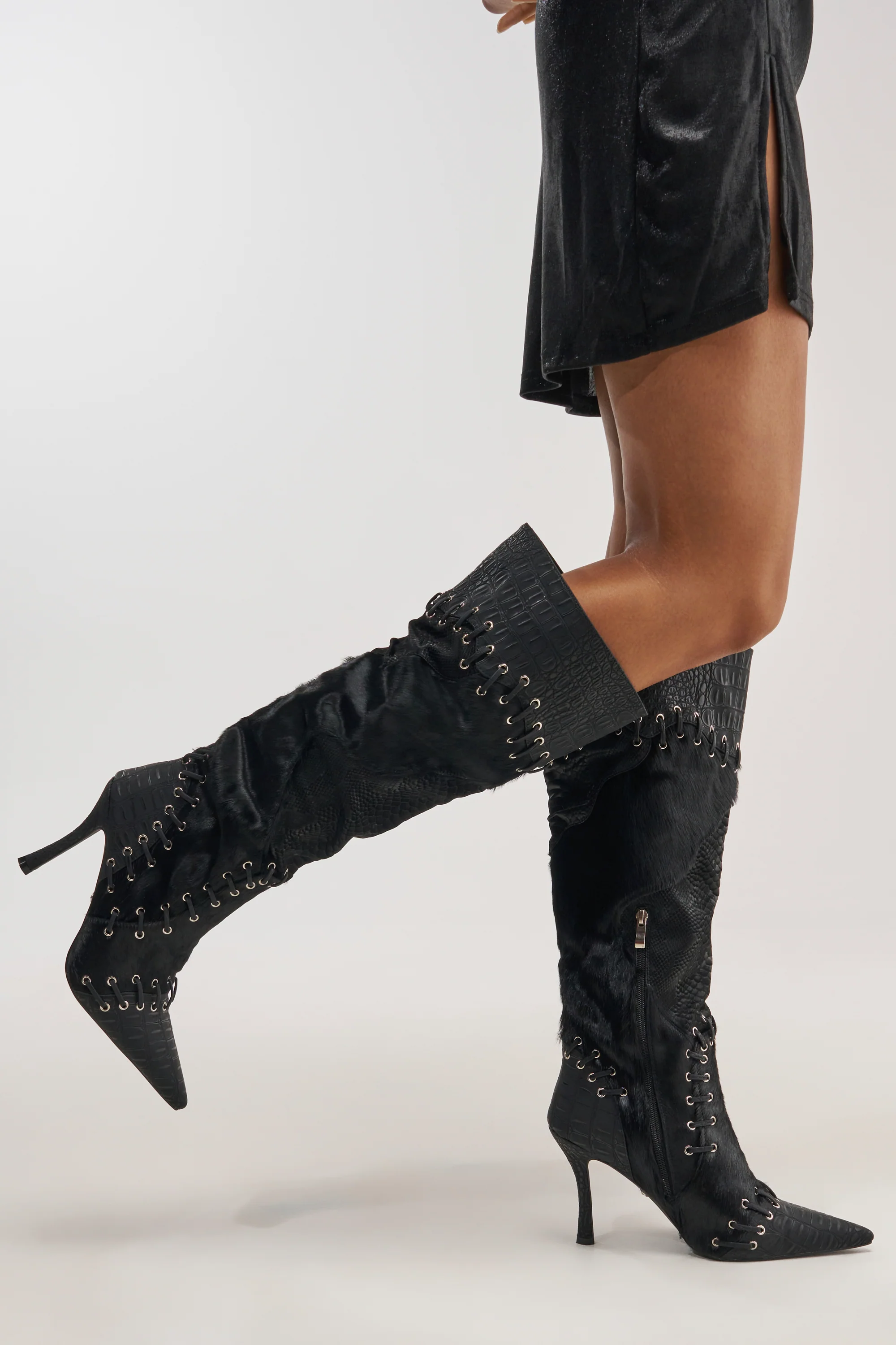 AZALEA WANG NOVAK BLACK PONY HAIR AND LACE UP STILETTO BOOT - Akira Store
