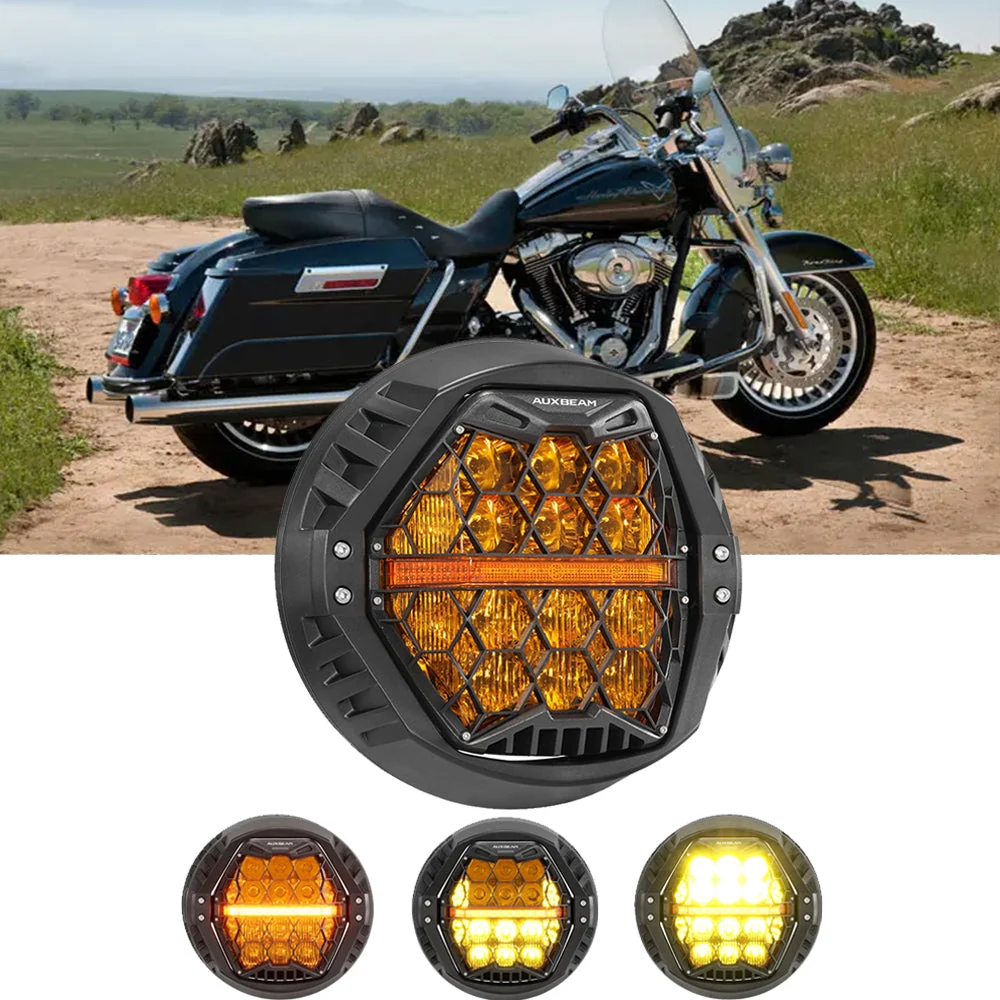 7 Inch 120W DOT Motorcycle LED Headlight Assembly with Amber DRL & Honeycomb Design (Hi/Lo Beam) for 2007-2013 Road King Classic FLHRC