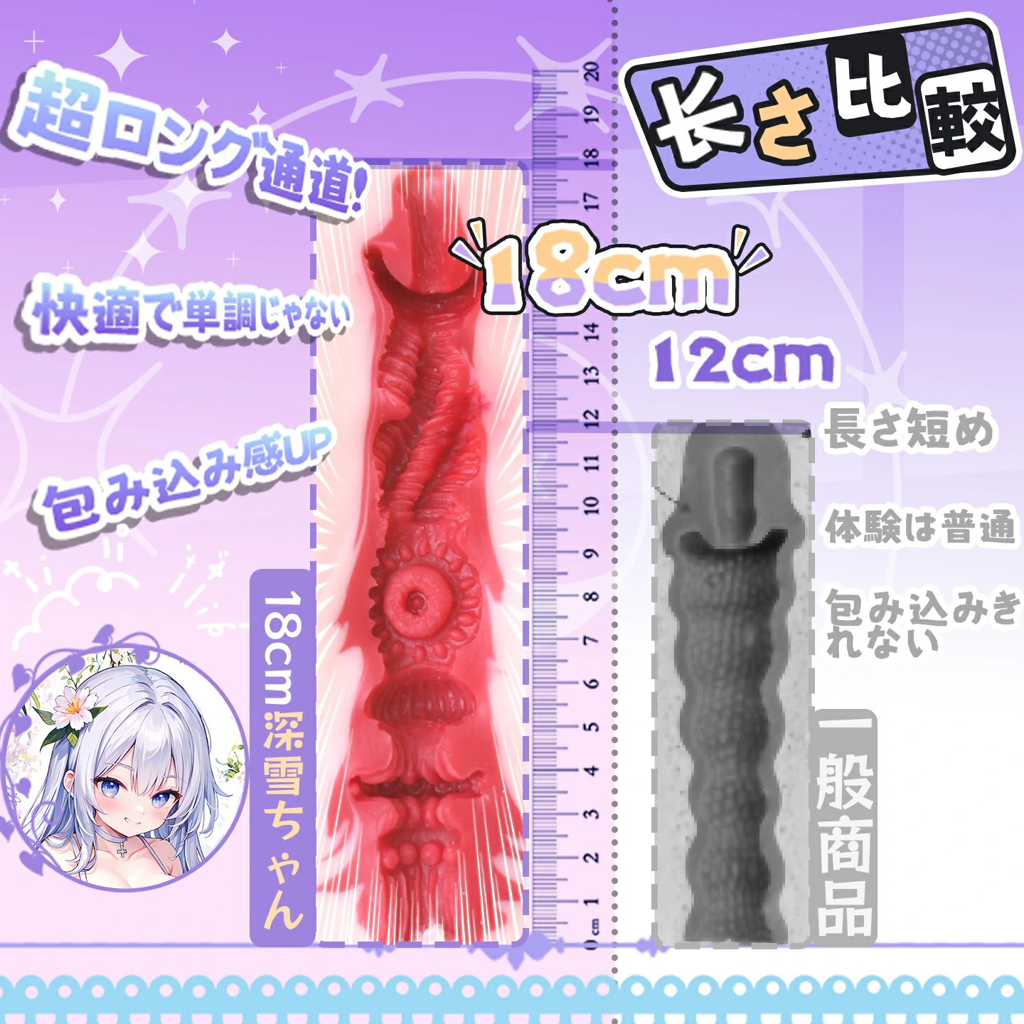 Dr.YUU「18cm深雪」の長さ比較画像。18cmの本体と12cmの一般的な商品を並べ、サイズと包み込み感を比較
