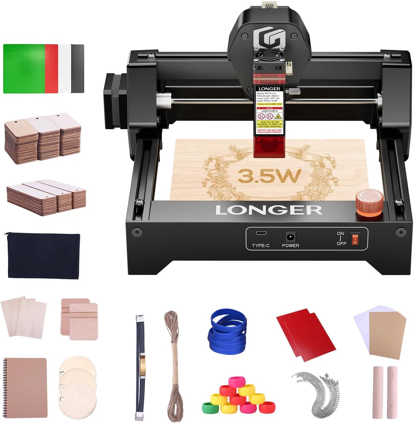 Graveur laser LONGER RAY5 Mini 3,5 W avec kit de 175 pièces pour le bricolage, découpe haute vitesse (12 000 mm/min) pour bois, métal, acrylique, cuir, CNC DIY, zone de gravure 130 x 140 mm, Wi-Fi, arrêt d'urgence.