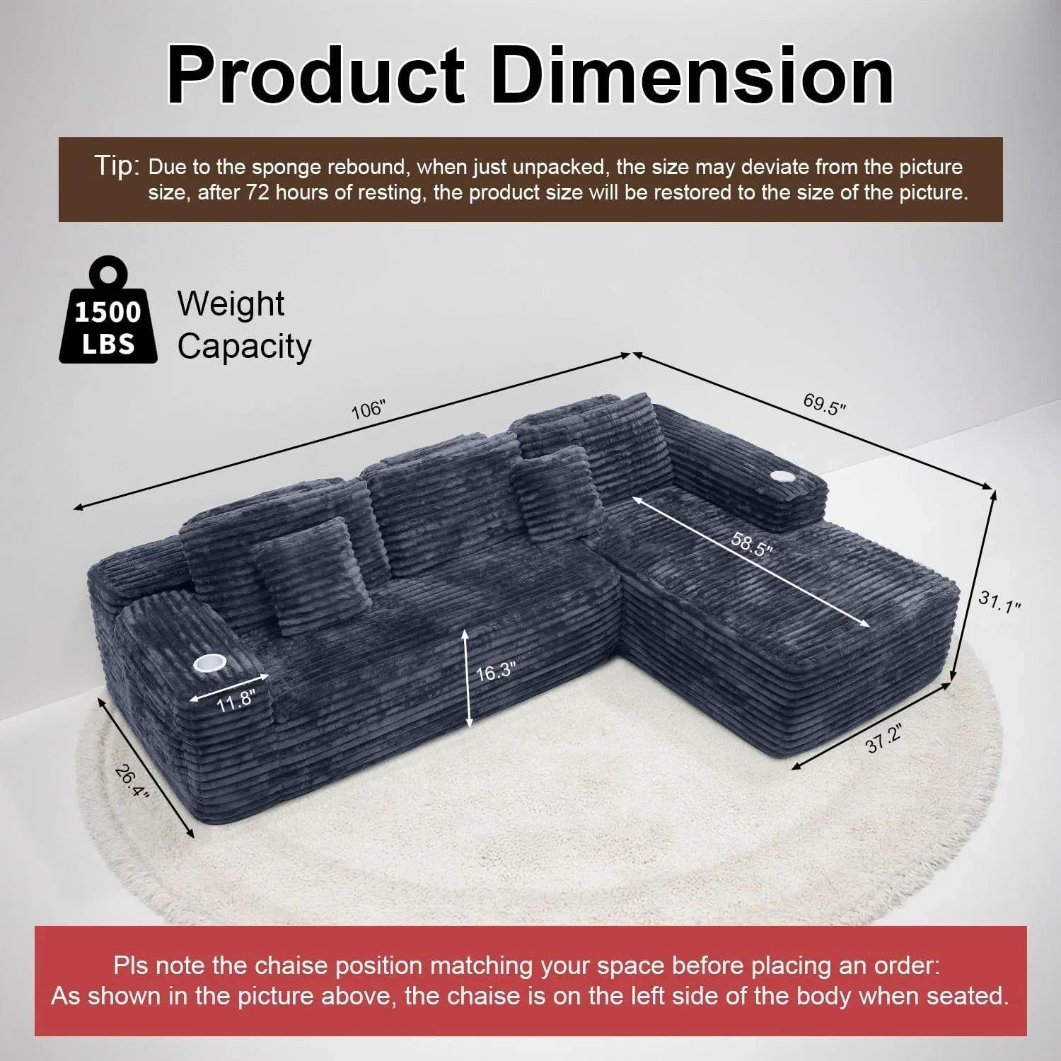 Canapé d'angle Cloud avec fauteuil inclinable en L et porte-gobelet intégré
