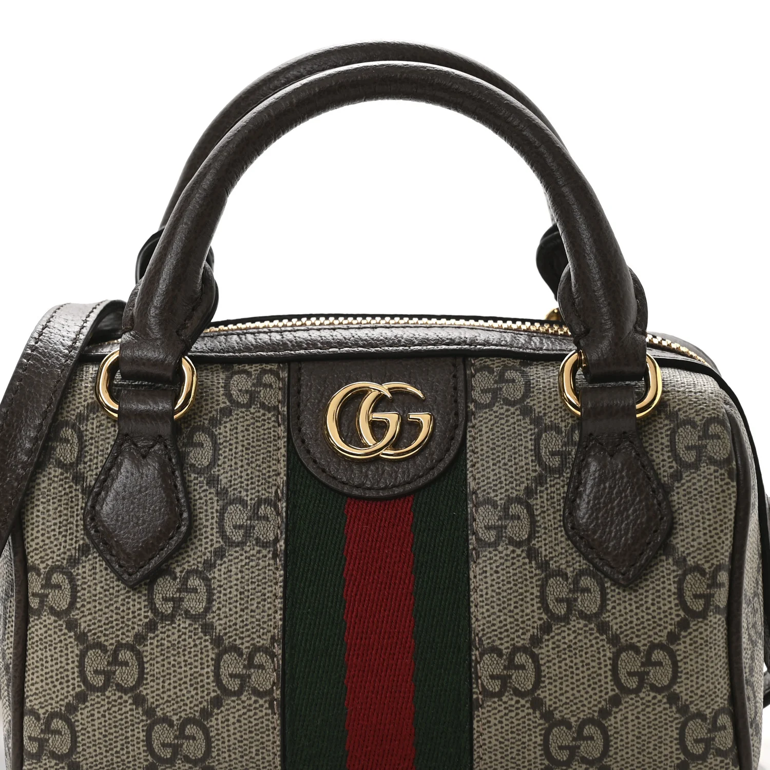 GG Supreme Monogram Textured Dollar Calfskin Web Super Mini Ophidia Top Handle Bowler Bag Beige Ebony New Acero