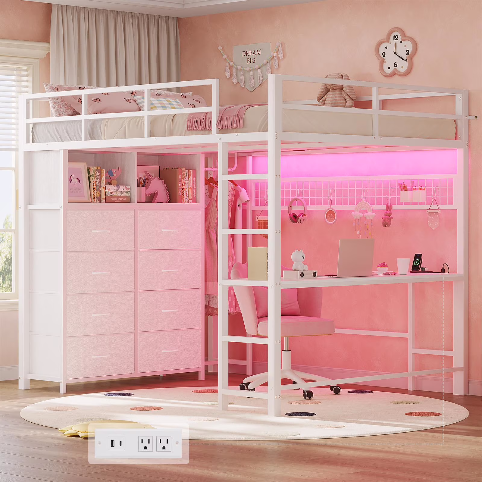 Twin Size Loft Bed with Desk and 8 Storage Drawers and Charging Station, Metal Loft Bed Twin with LED Lights, Storage Shelves, Black(Brown) - Image 5