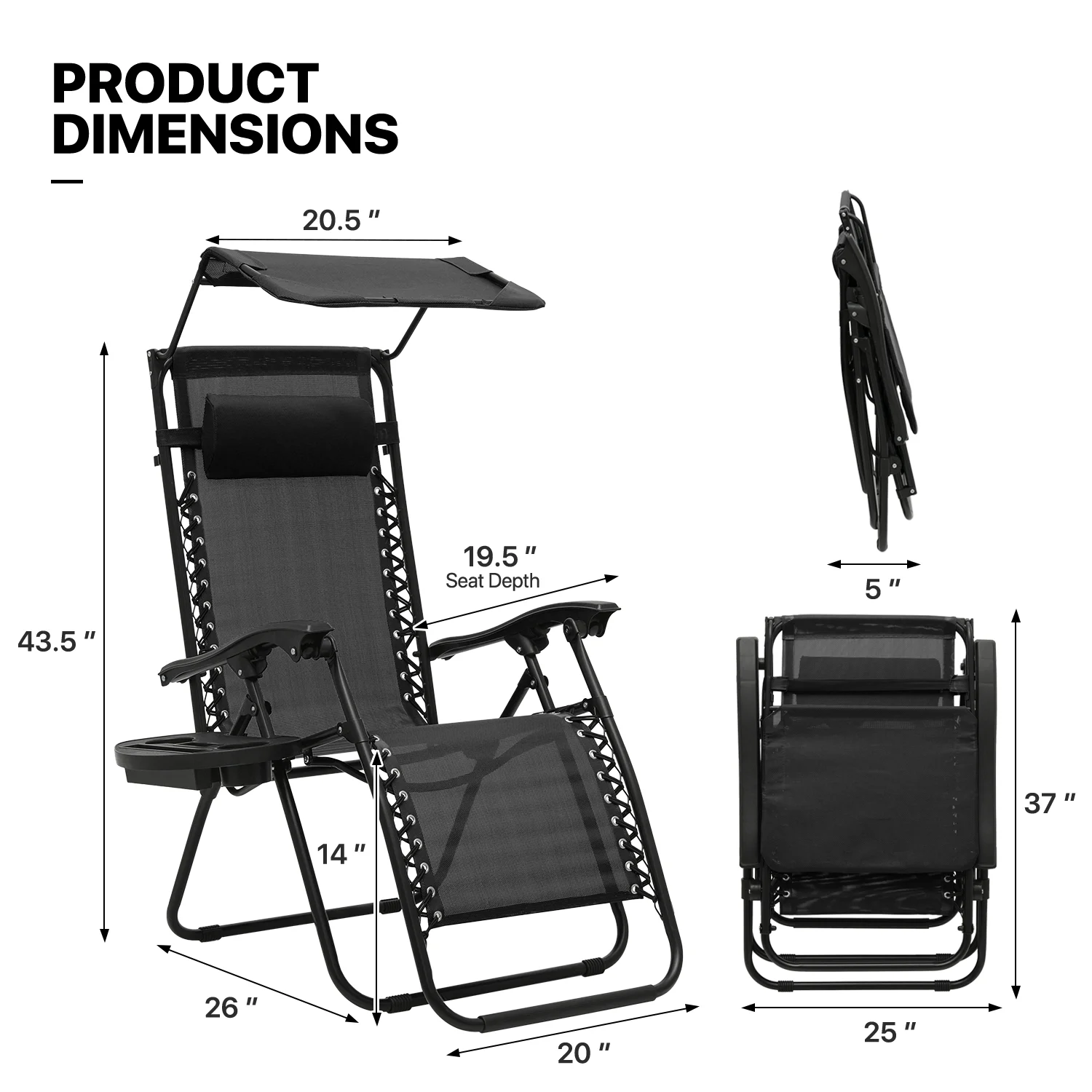 Zero Gravity Chairs Set of 2, Folding Outdoor Patio Beach Recliner with Canopy Shade Headrest, Black(Black) - Image 6