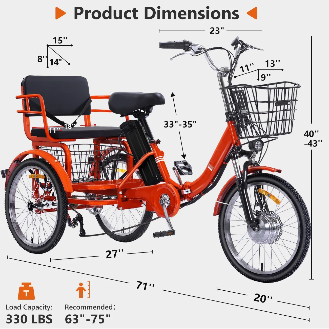 Electric Tricycle for Adults Folding Electric Trike 3 Wheel Electric Trike with Two-seater Large Basket Super Powerful Brushless 350W Motor 48V13AH Lithium Battery Max 20MPH E-Tricycle Orange - Image 2
